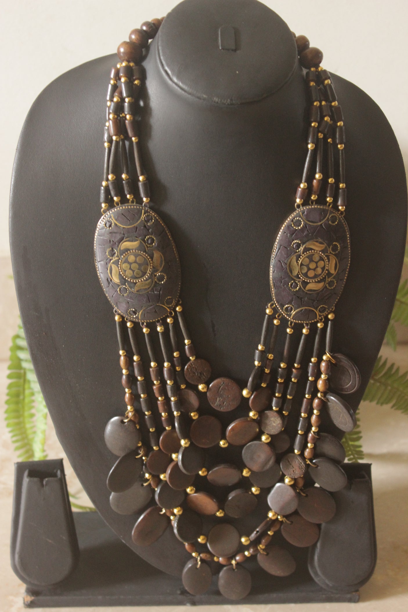 Brown and Gold Bone Beads Statement Necklace with Tibetan Details
