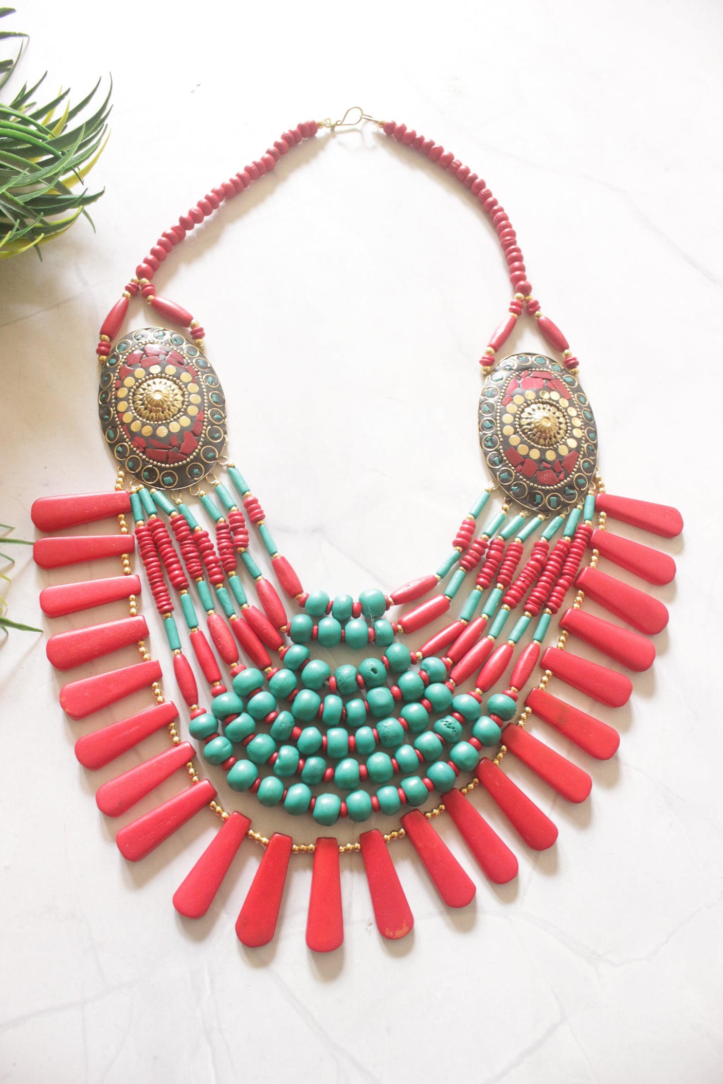 Red and Turquoise Bone Beads Statement Necklace with Tibetan Details