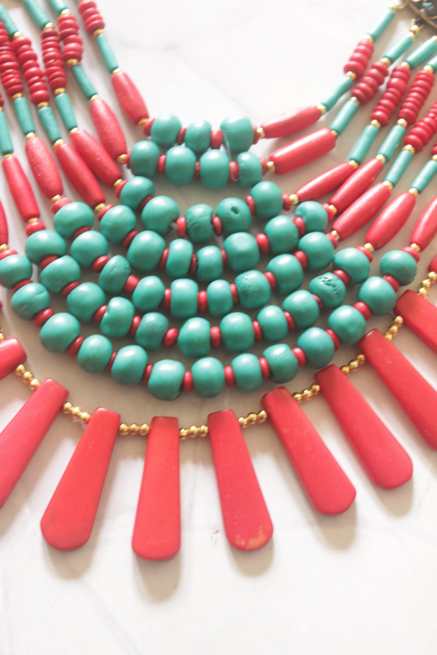 Red and Turquoise Bone Beads Statement Necklace with Tibetan Details