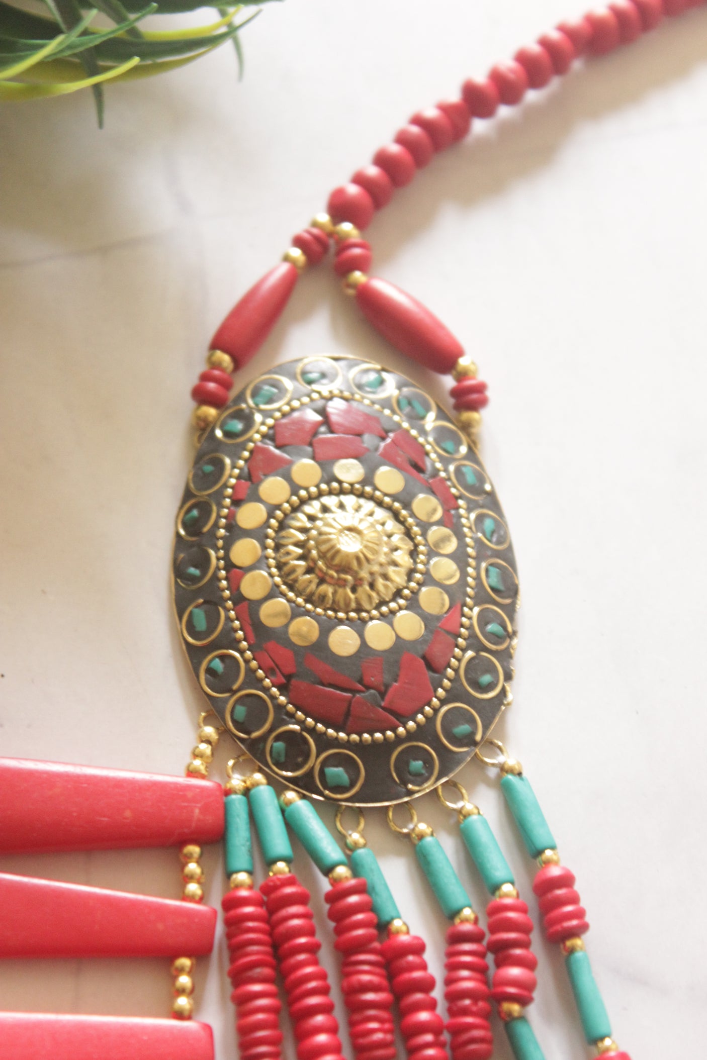 Red and Turquoise Bone Beads Statement Necklace with Tibetan Details