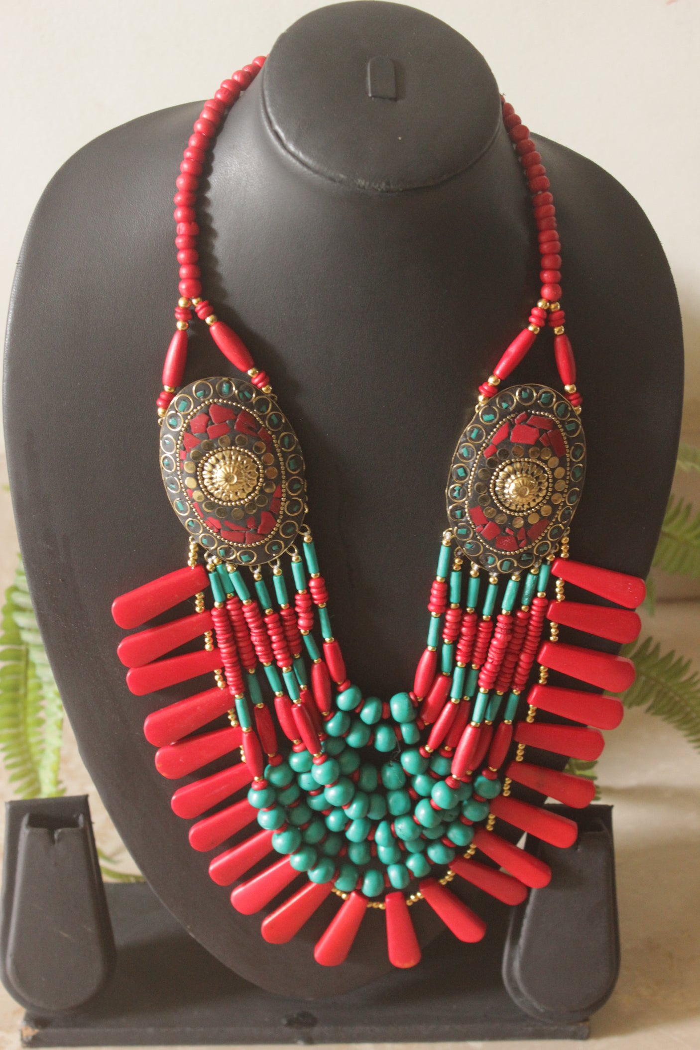 Red and Turquoise Bone Beads Statement Necklace with Tibetan Details