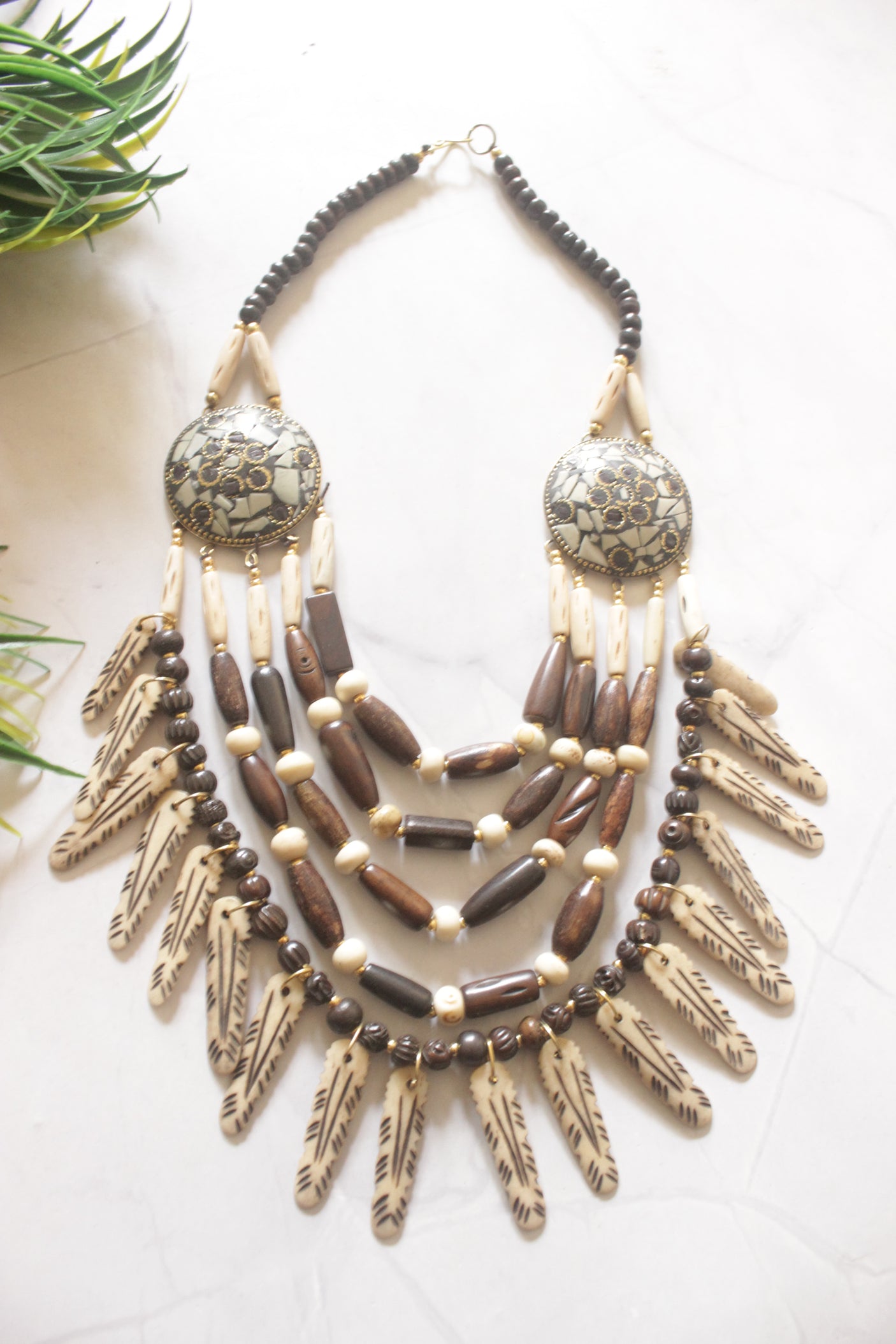 Ivory and Brown Bone Beads Statement Necklace with Tibetan Details
