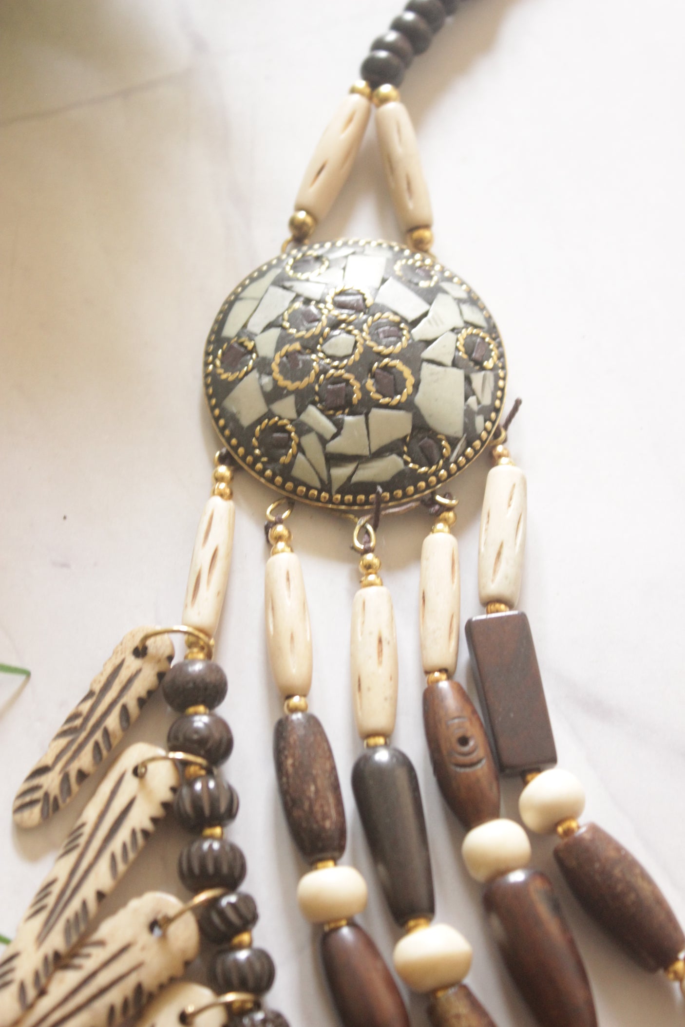 Ivory and Brown Bone Beads Statement Necklace with Tibetan Details