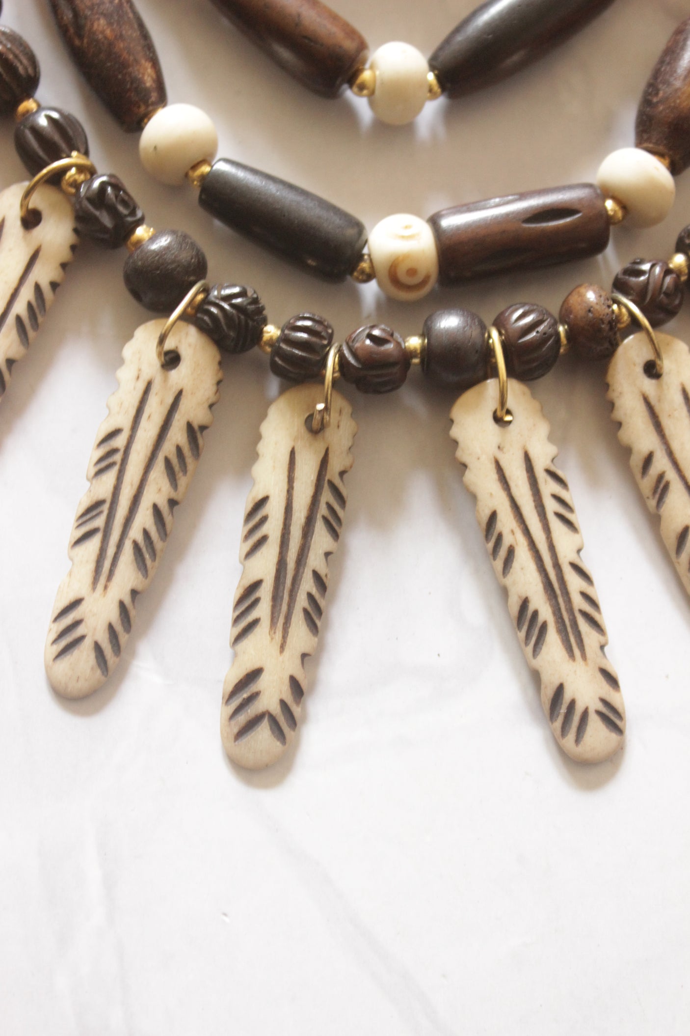 Ivory and Brown Bone Beads Statement Necklace with Tibetan Details