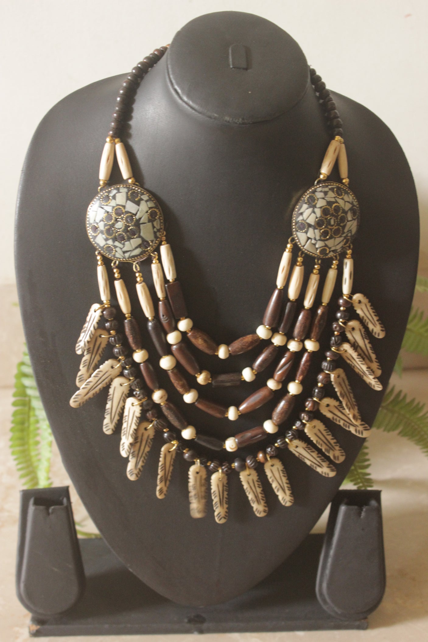 Ivory and Brown Bone Beads Statement Necklace with Tibetan Details
