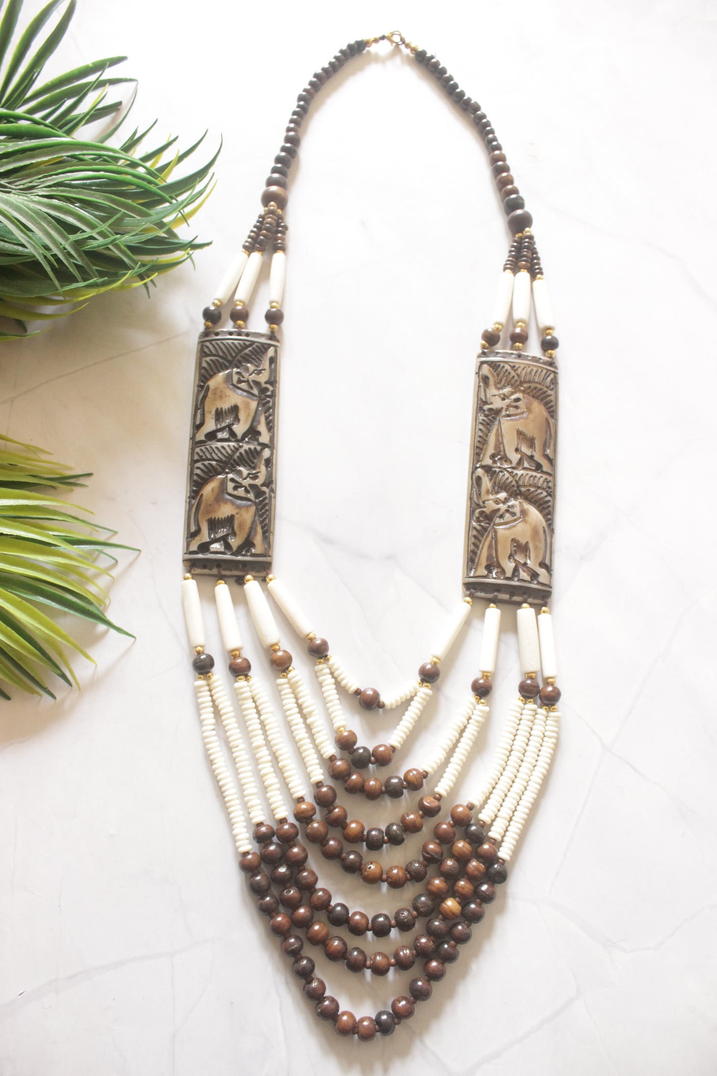 White and Brown Bone Beads Statement Necklace with Elephant Motifs