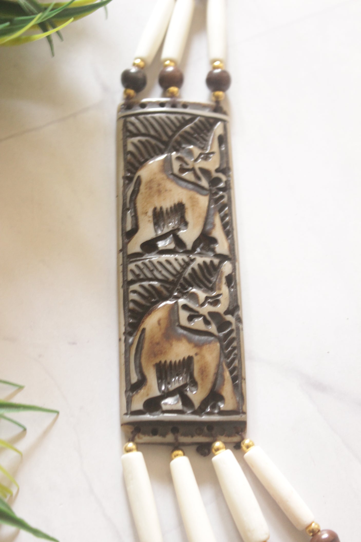 White and Brown Bone Beads Statement Necklace with Elephant Motifs