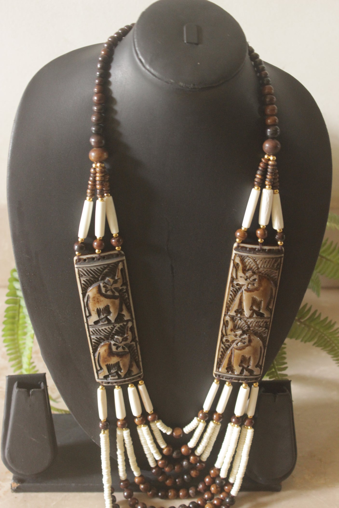 White and Brown Bone Beads Statement Necklace with Elephant Motifs