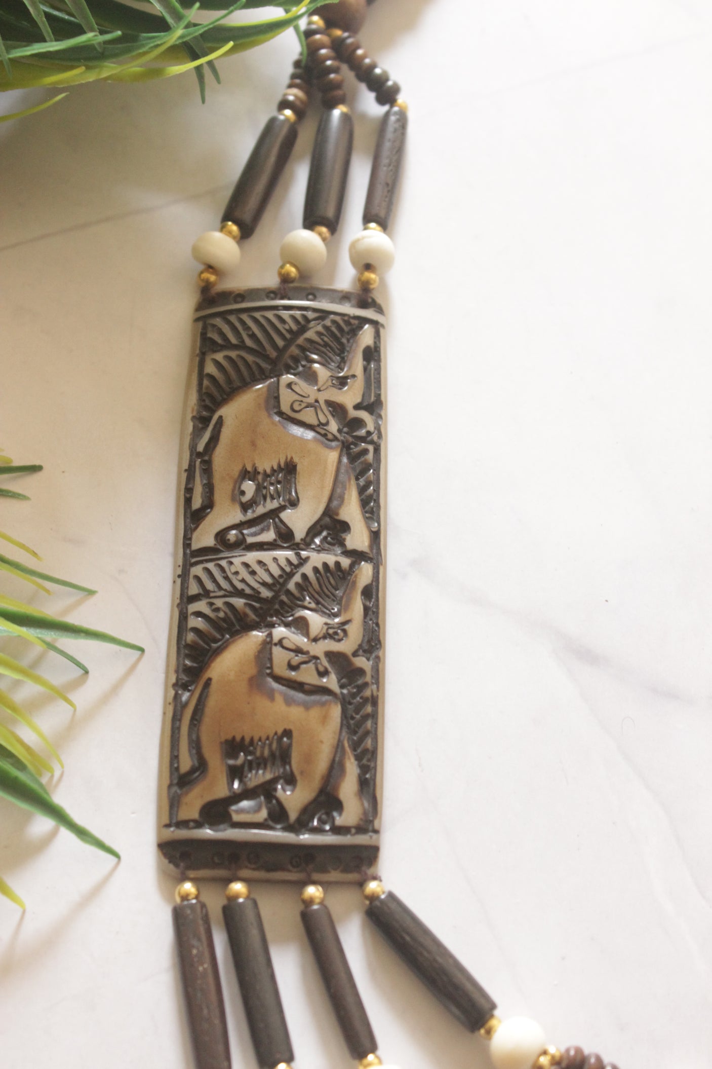 White and Brown Bone Beads Statement Necklace with Elephant Motifs