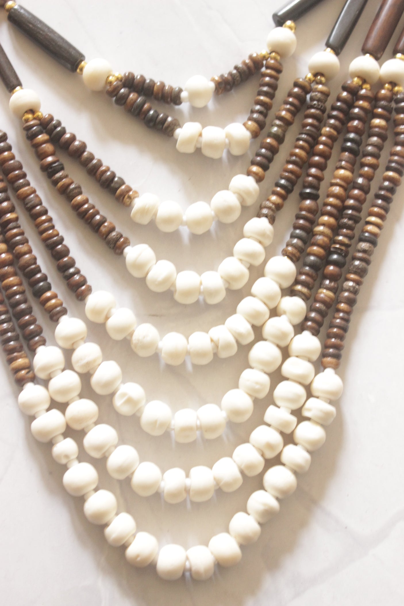 White and Brown Bone Beads Statement Necklace with Elephant Motifs