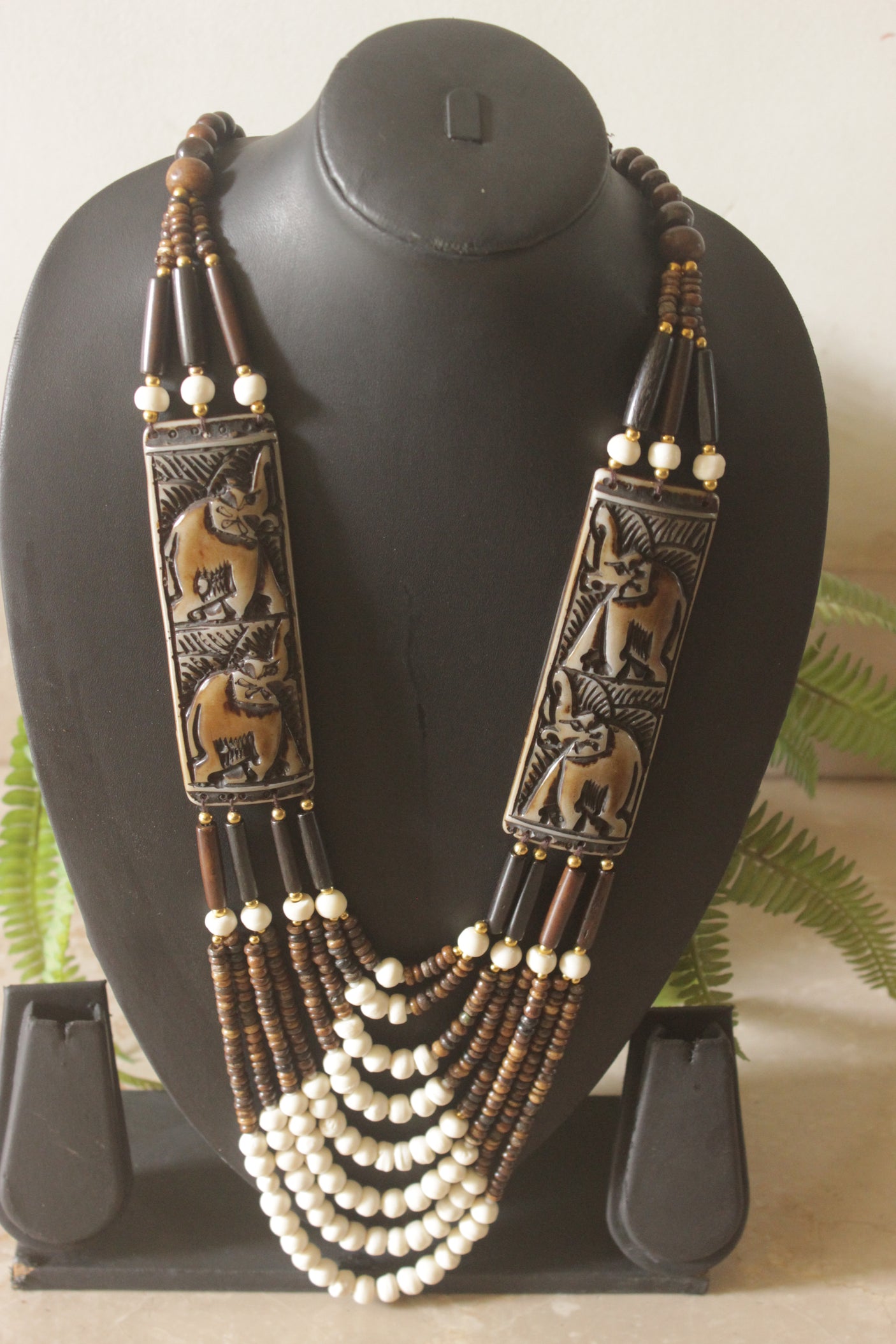 White and Brown Bone Beads Statement Necklace with Elephant Motifs