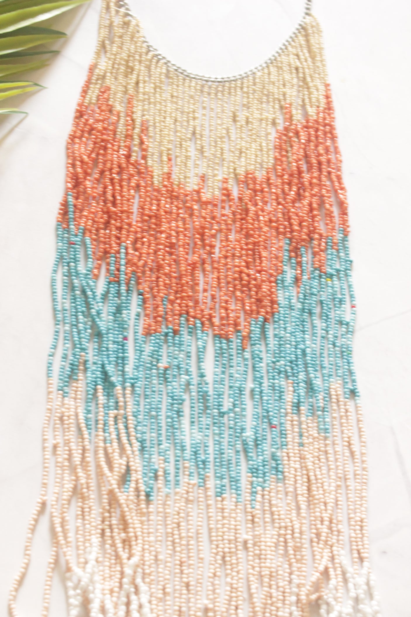 Multi-Strand Seed Bead Waterfall Fringe Necklace on Silver Chain