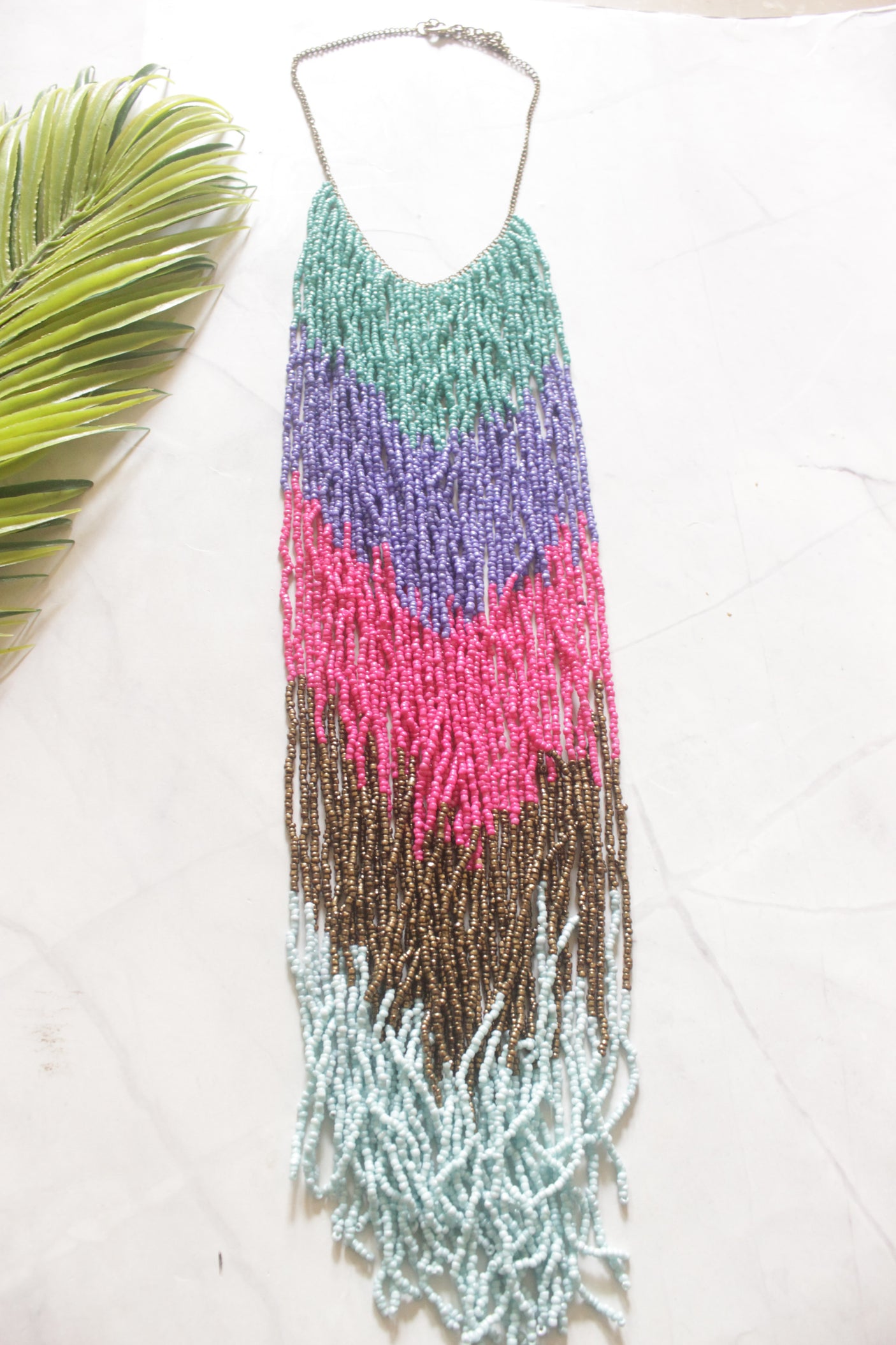 Colour Block Ombre Seed Bead Long Fringe Waterfall Necklace