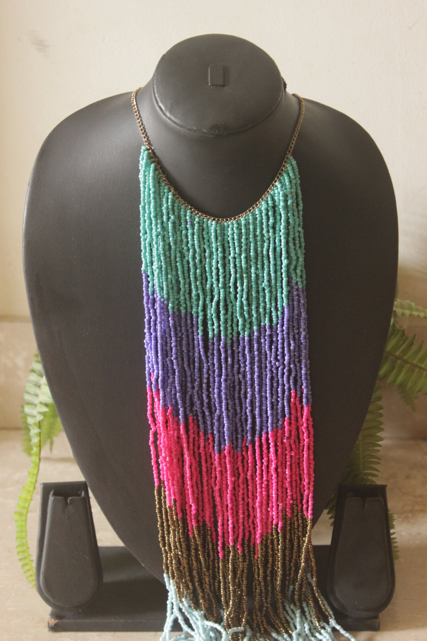 Colour Block Ombre Seed Bead Long Fringe Waterfall Necklace