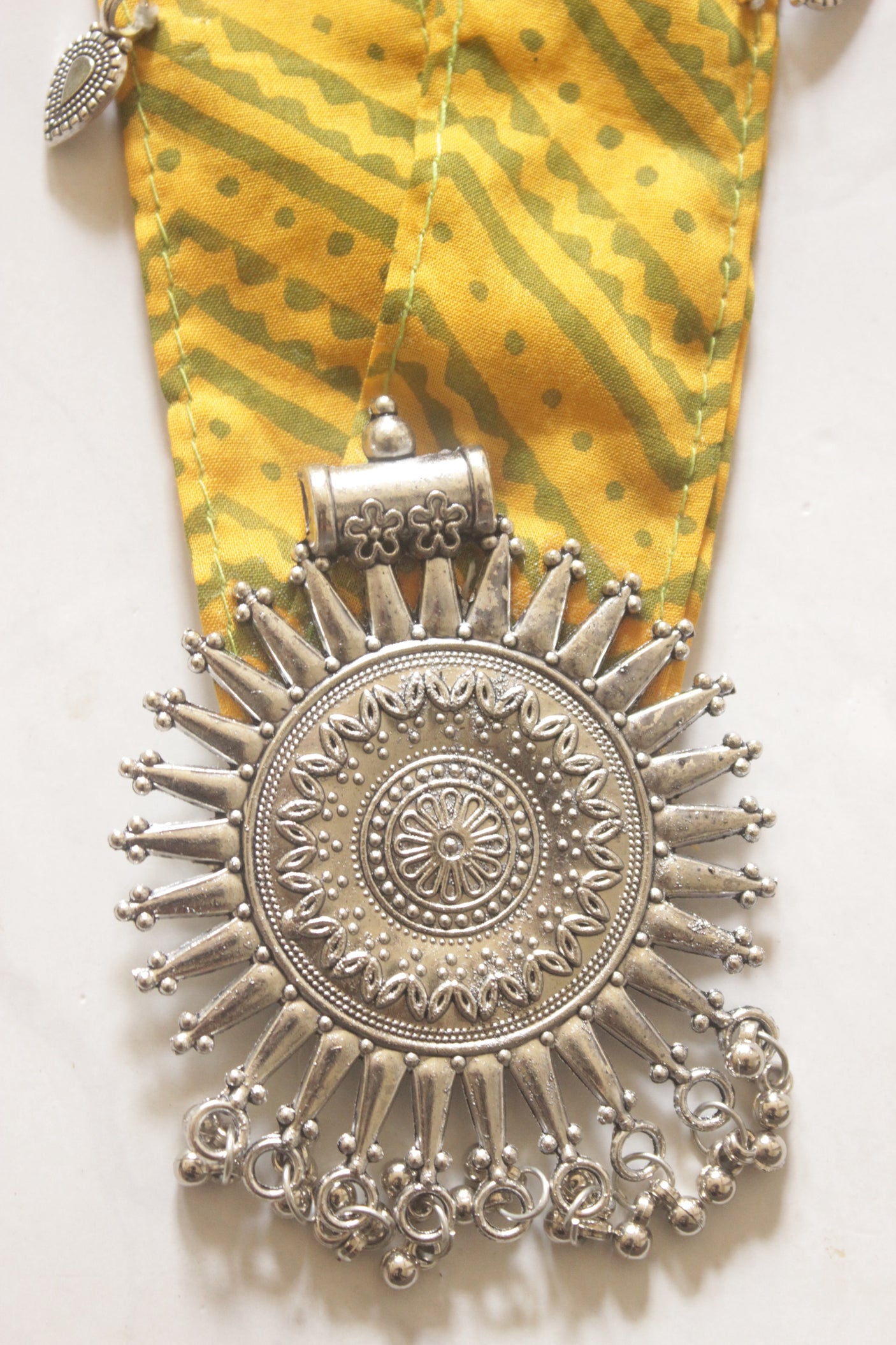 Surya Sun Medallion on Yellow Leheriya Fabric Necklace Set