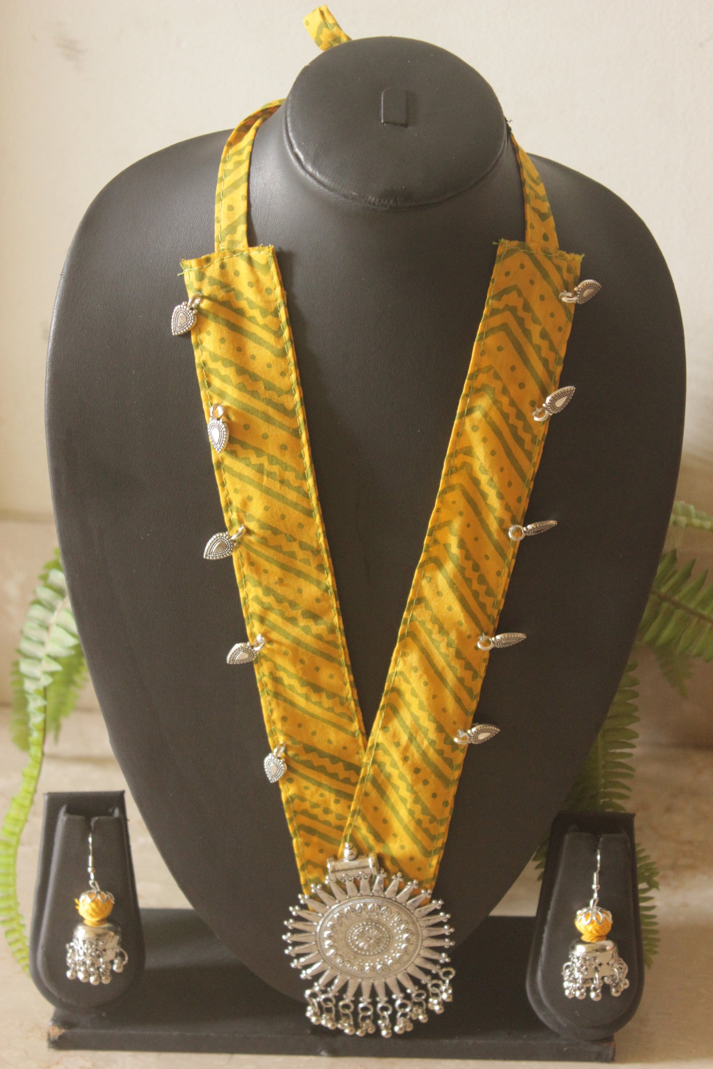 Surya Sun Medallion on Yellow Leheriya Fabric Necklace Set