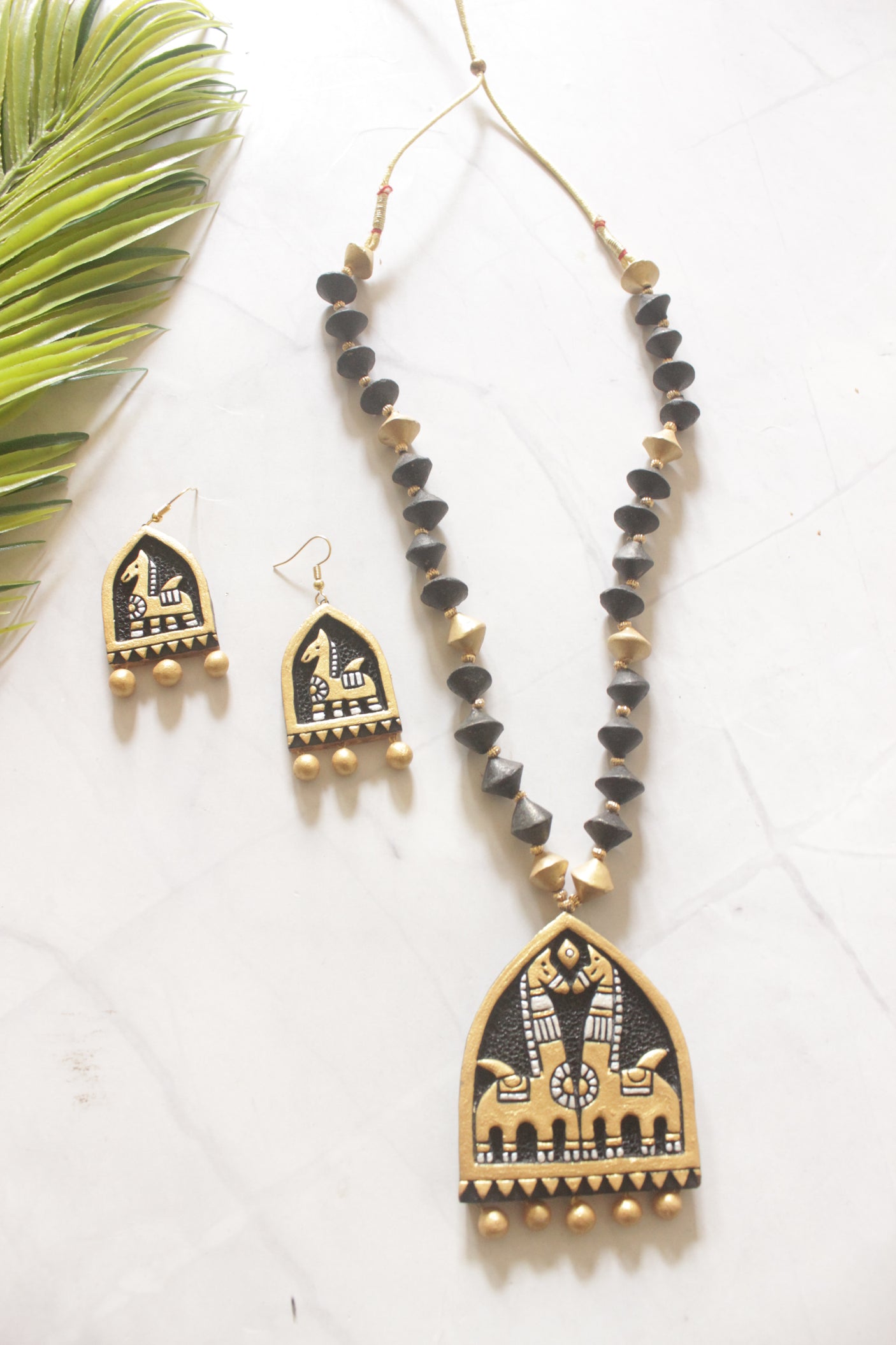 Hand-Painted Terracotta Tribal Horse Temple Pendant Necklace Set