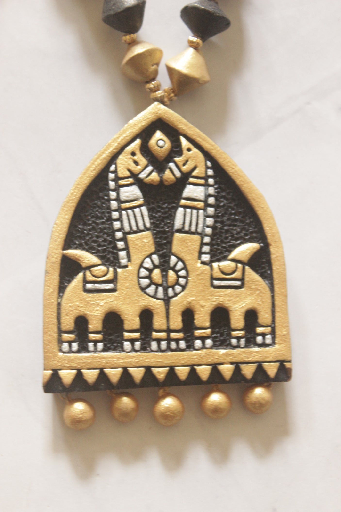 Hand-Painted Terracotta Tribal Horse Temple Pendant Necklace Set