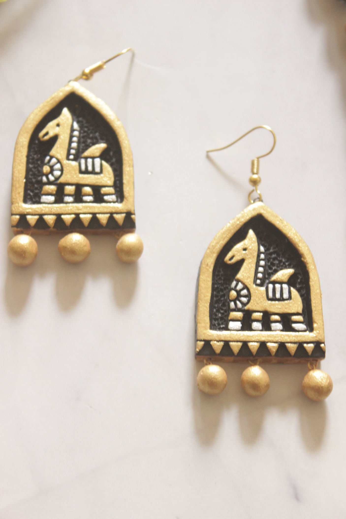 Hand-Painted Terracotta Tribal Horse Temple Pendant Necklace Set