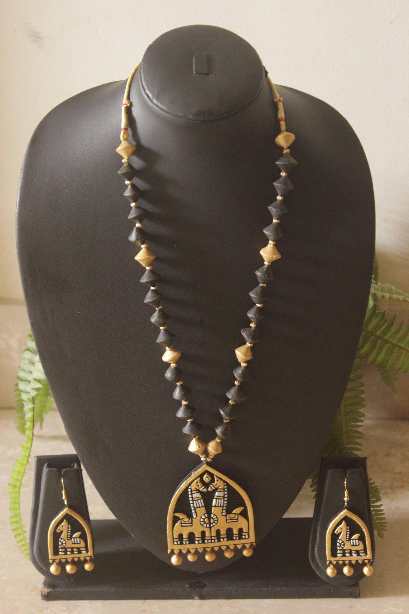 Hand-Painted Terracotta Tribal Horse Temple Pendant Necklace Set