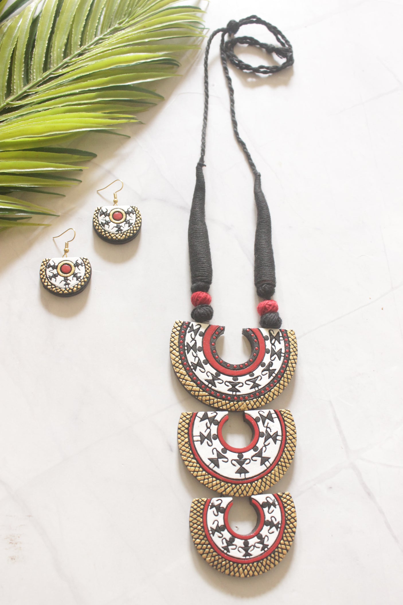 3 Layer Pendant Warli Art Hand Painted Terracotta Clay Necklace Set