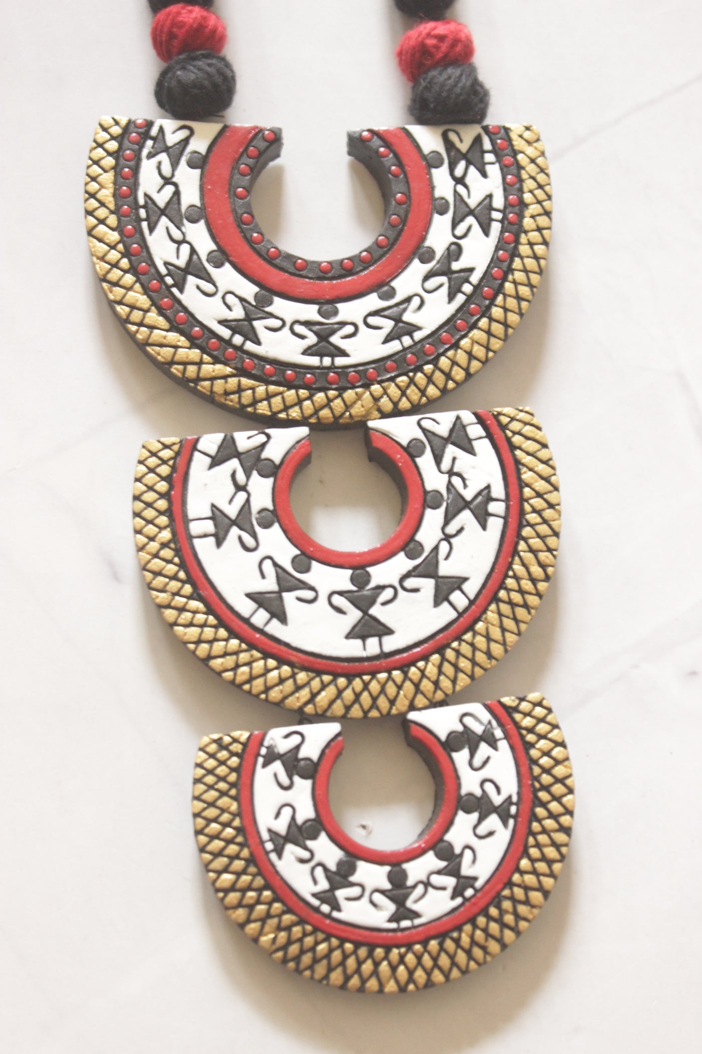 3 Layer Pendant Warli Art Hand Painted Terracotta Clay Necklace Set