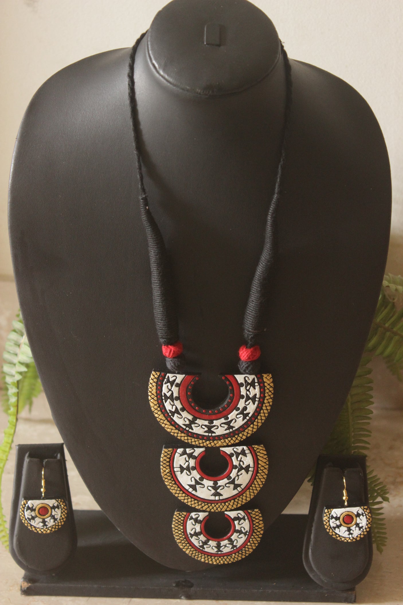 3 Layer Pendant Warli Art Hand Painted Terracotta Clay Necklace Set