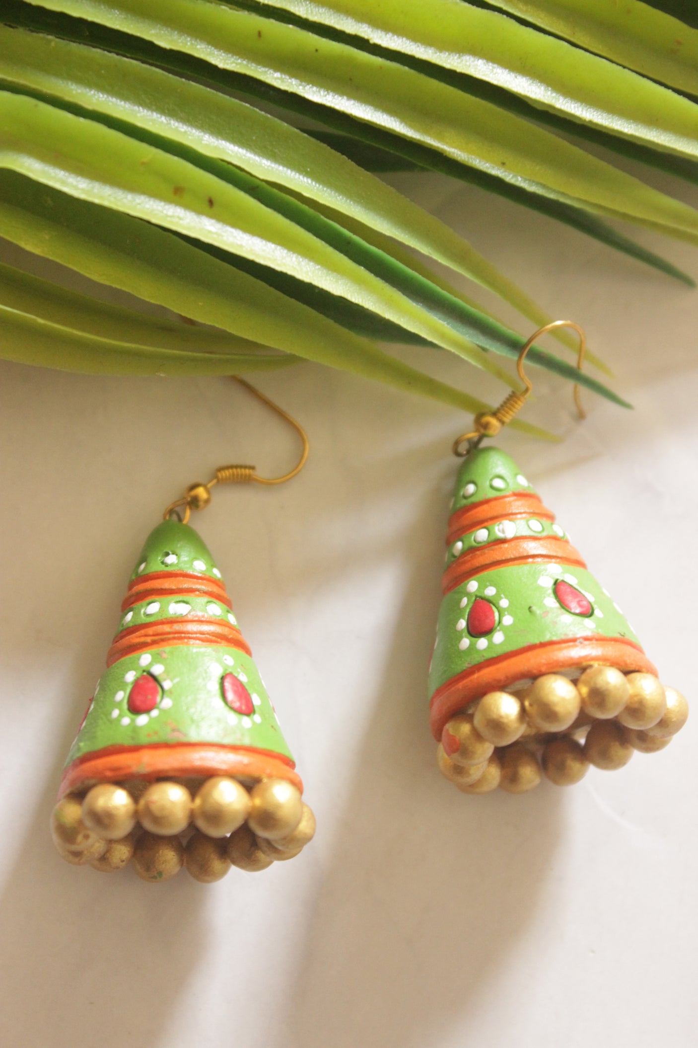 Hand-Painted Green Terracotta Cone Jhumka Earrings