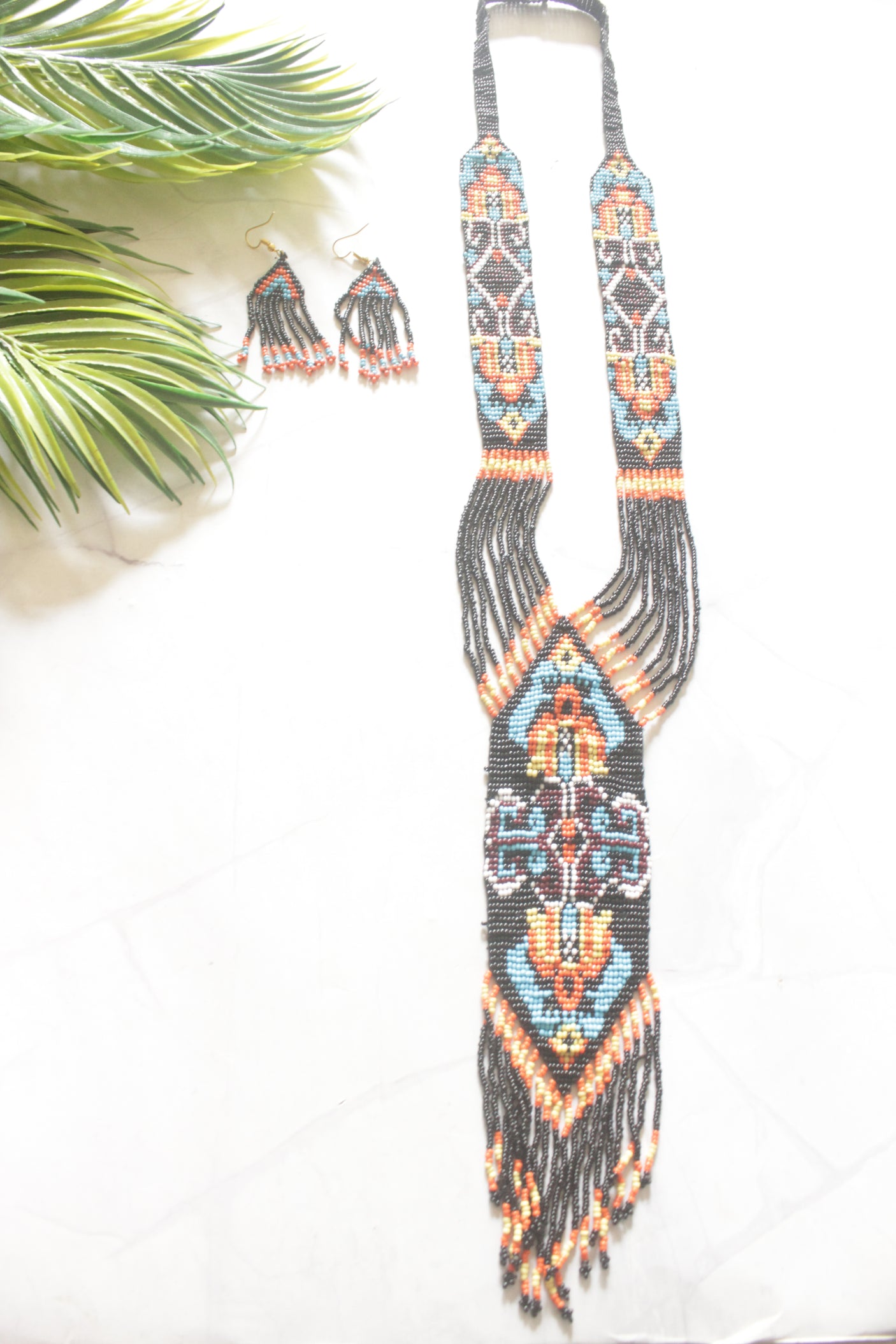Black and Blue Hand Beaded Long Necklace Set
