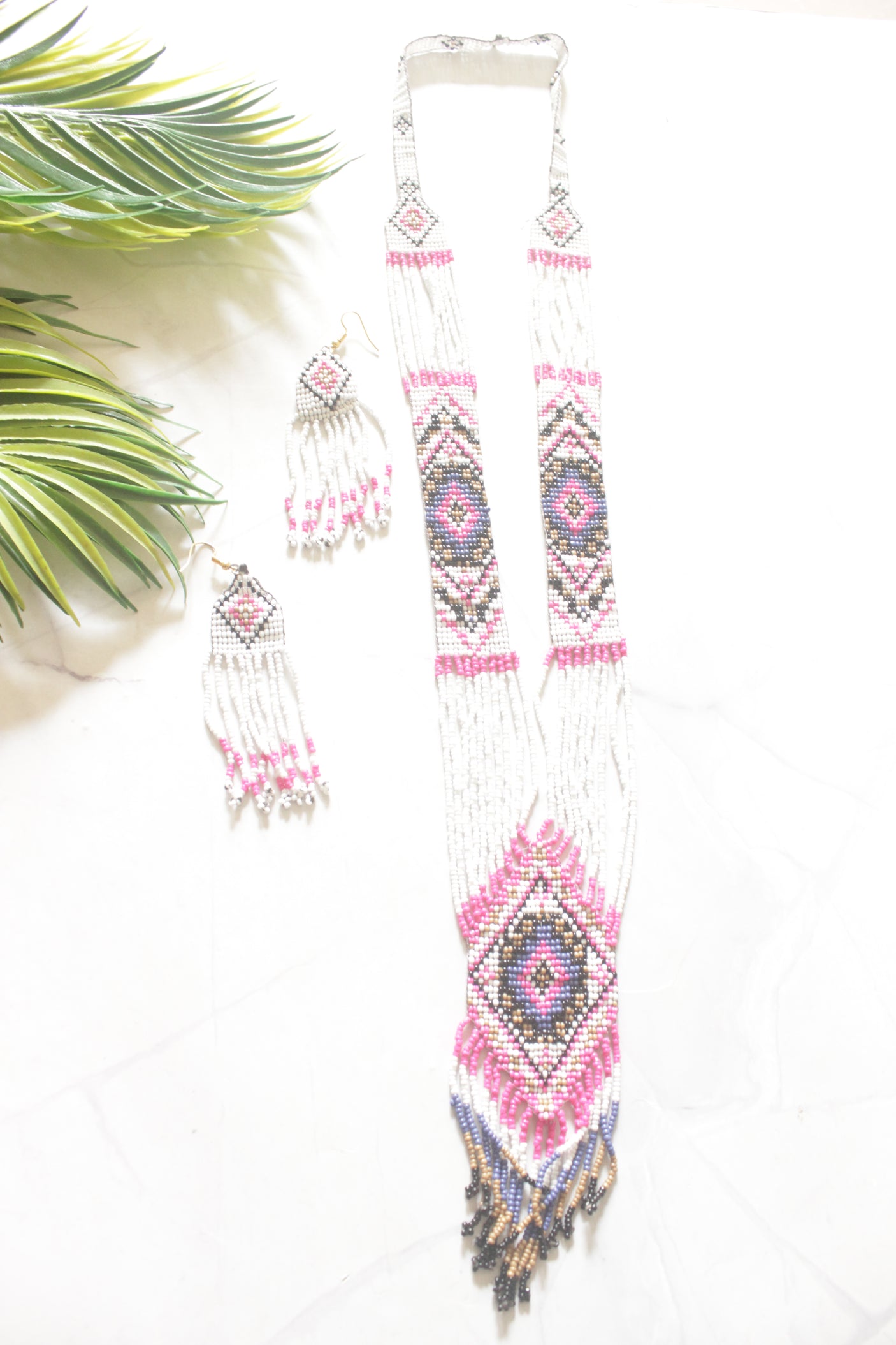 White and Multi-Color Hand Beaded Long Necklace Set