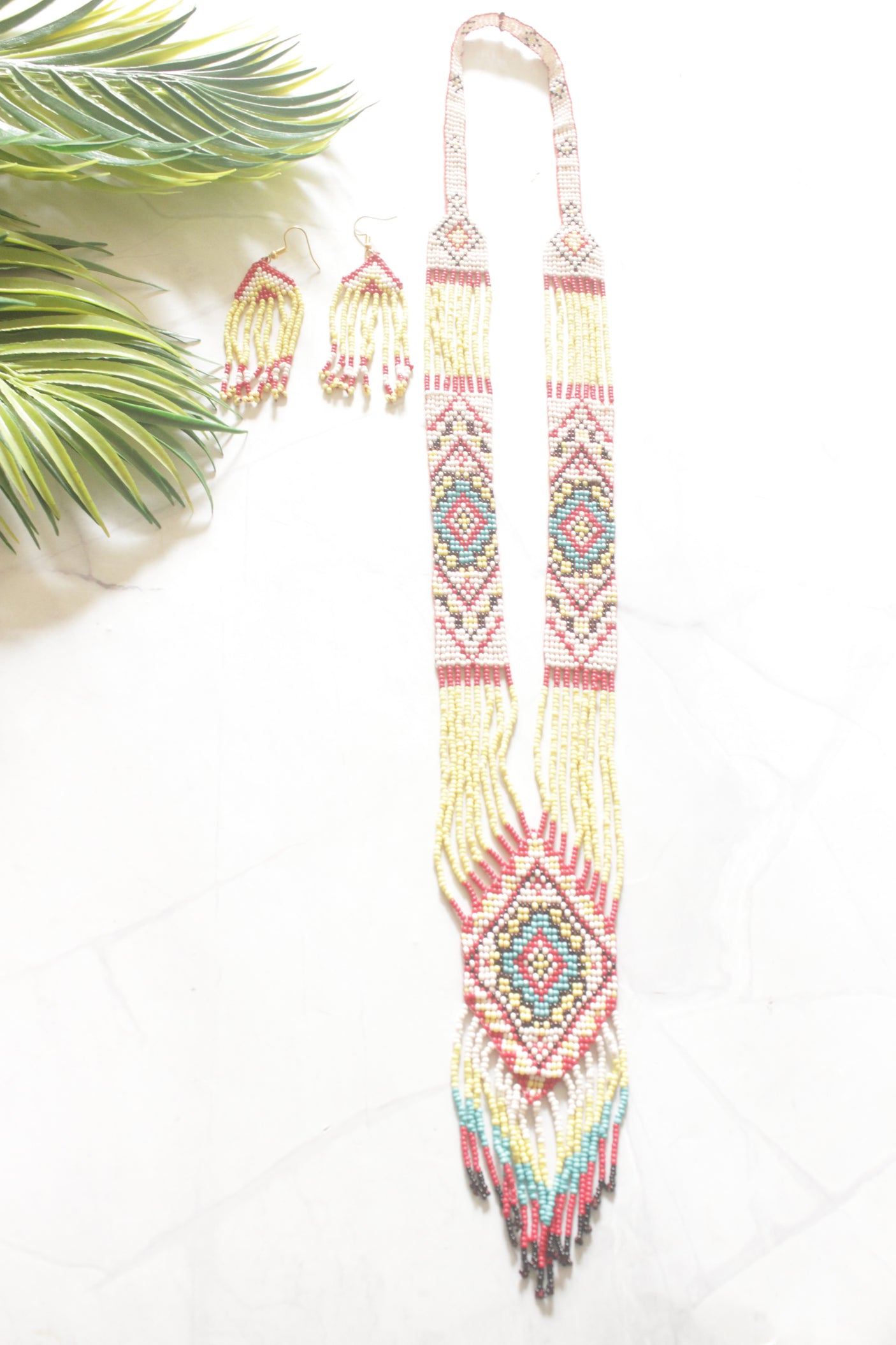 Dull Yellow and Red Hand Beaded Long Necklace Set