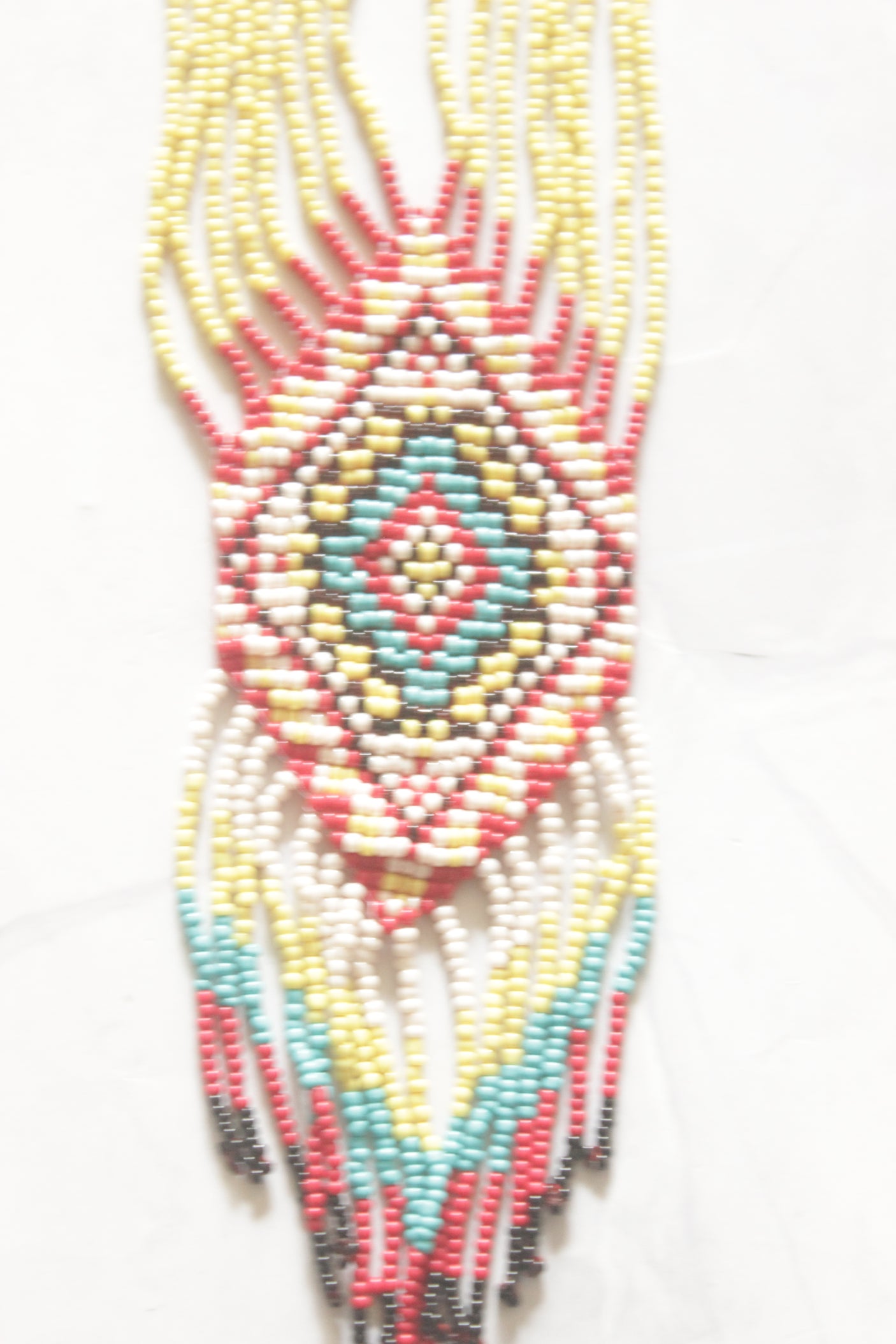 Dull Yellow and Red Hand Beaded Long Necklace Set