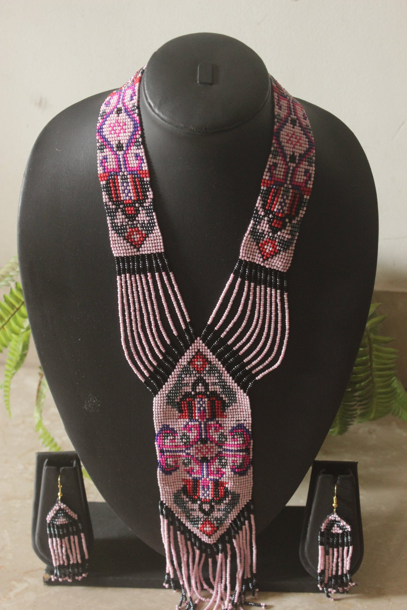 Soft Pink and Multi-Color Hand Beaded Long Necklace Set