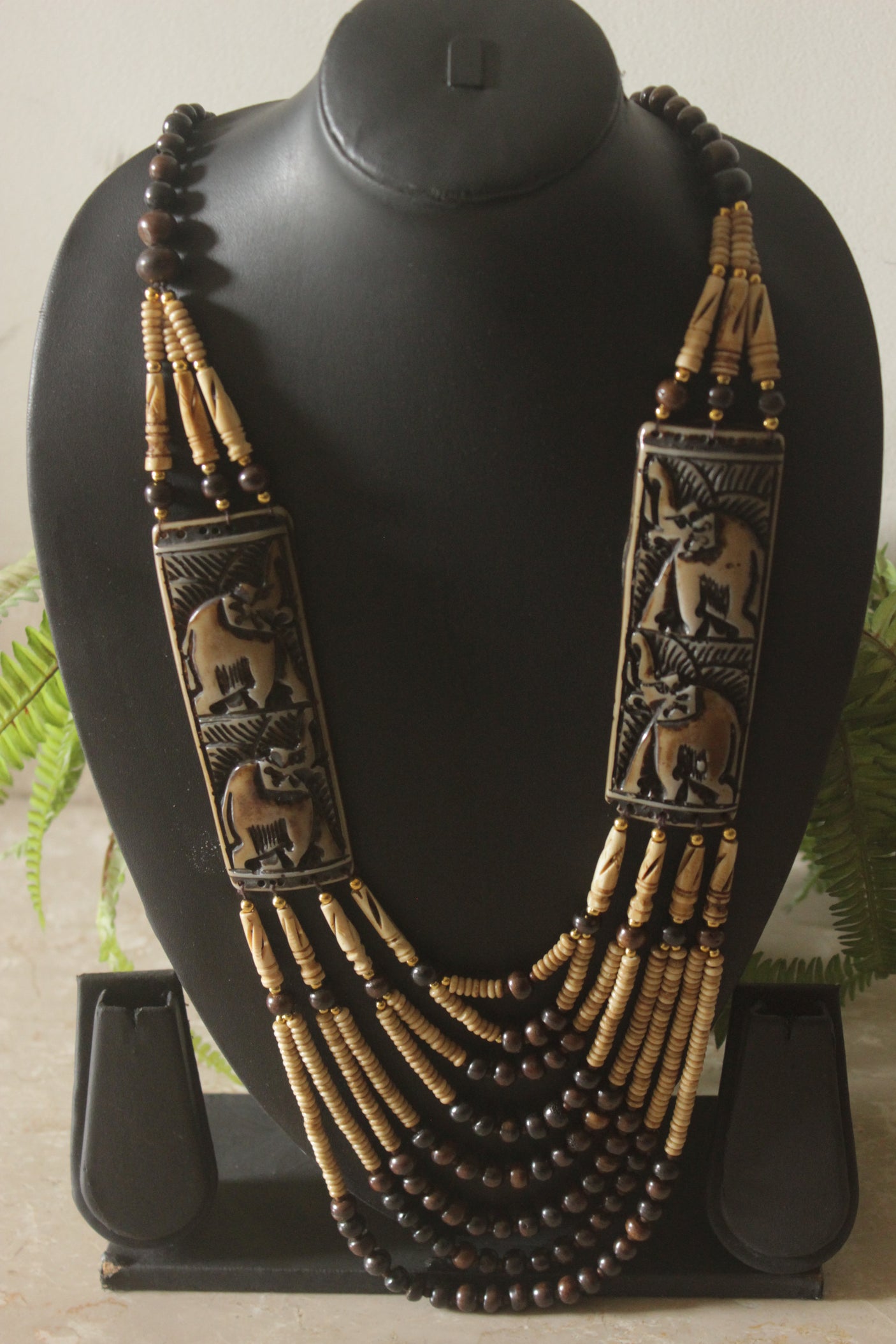 Ivory and Brown Bone Beads Statement Necklace with Elephant Motifs