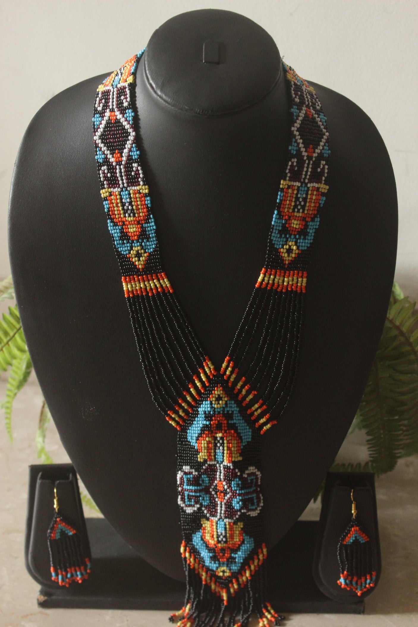 Black and Blue Hand Beaded Long Necklace Set