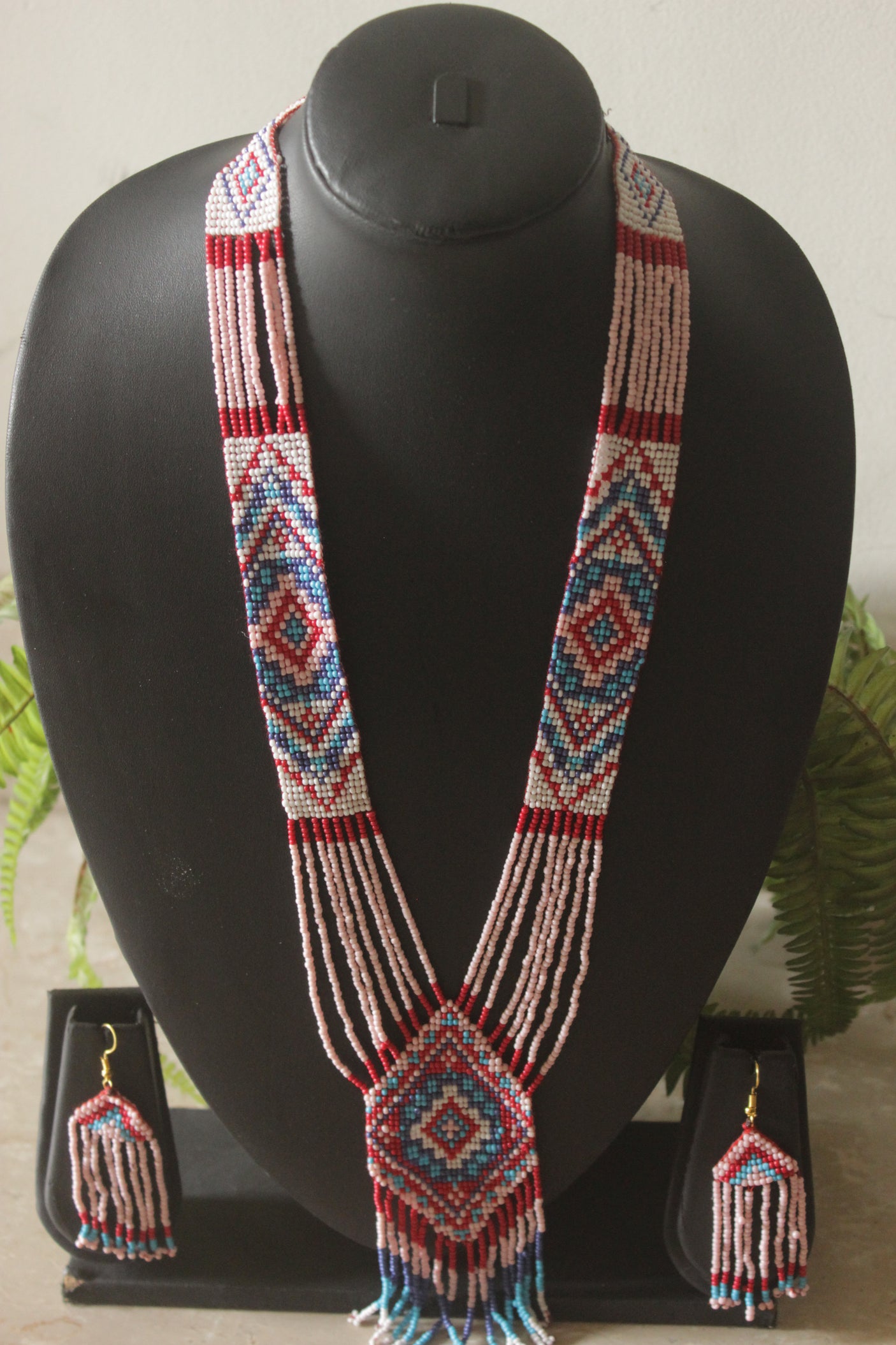 Soft Pink and Red Hand Beaded Long Necklace Set