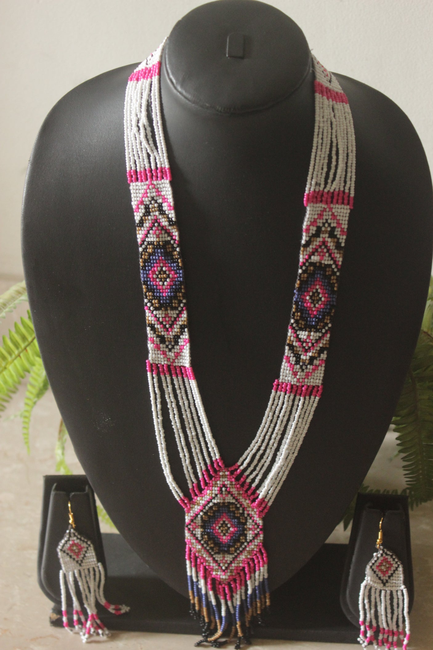 White and Multi-Color Hand Beaded Long Necklace Set