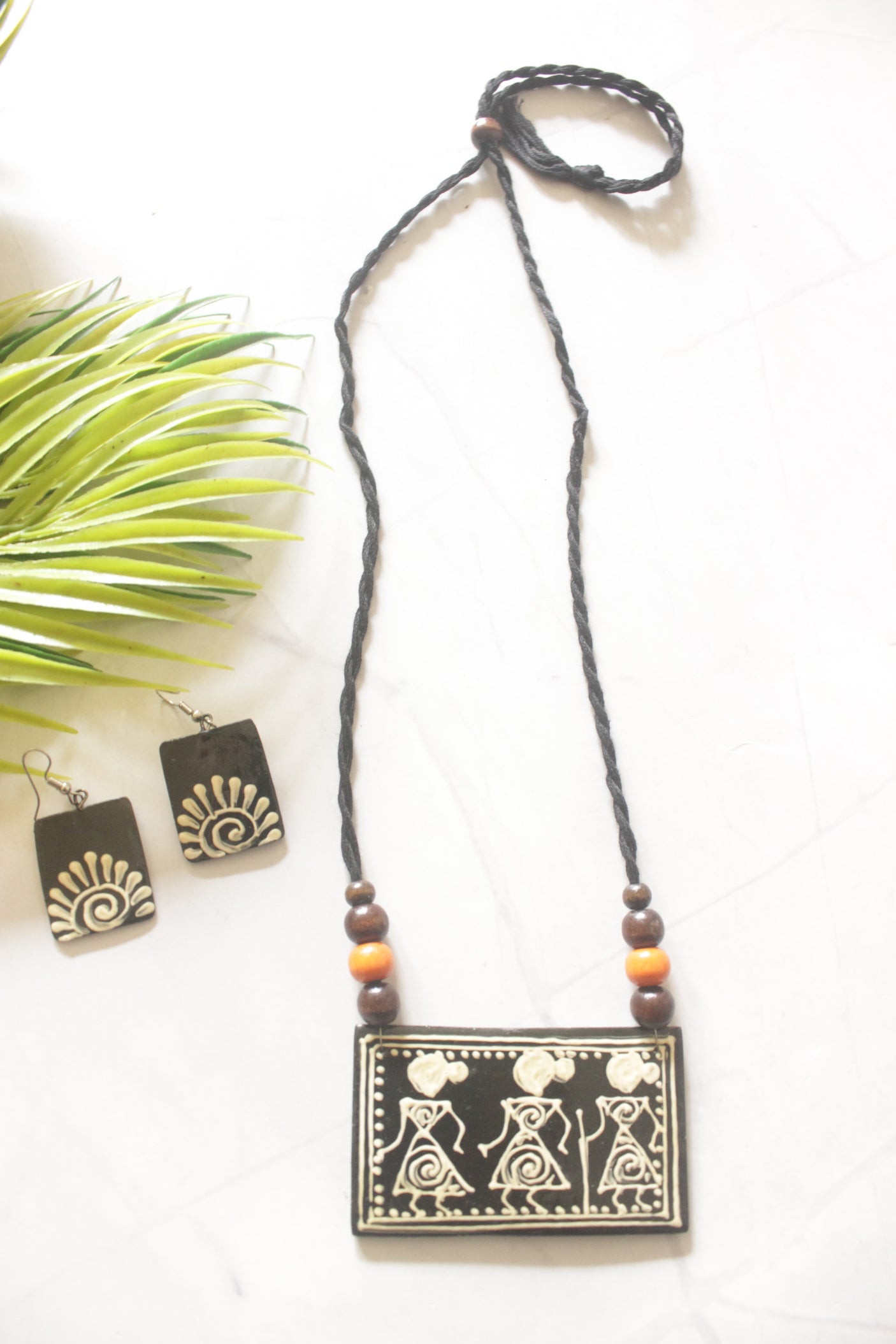 Black Hand Painted Warli Art Thread Closure Ceramic Necklace Set