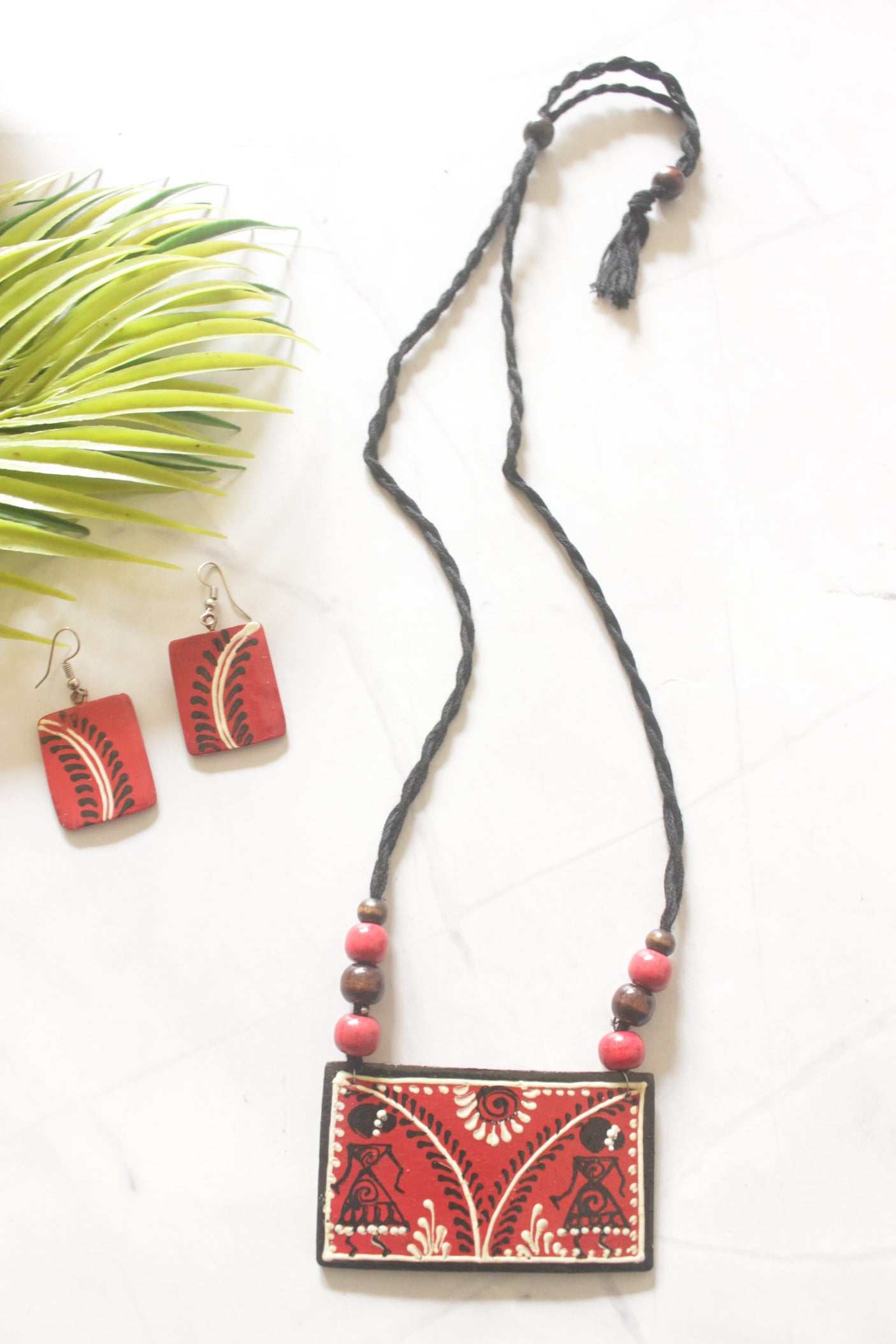 Red Hand-Painted Warli Art Ceramic Necklace Set