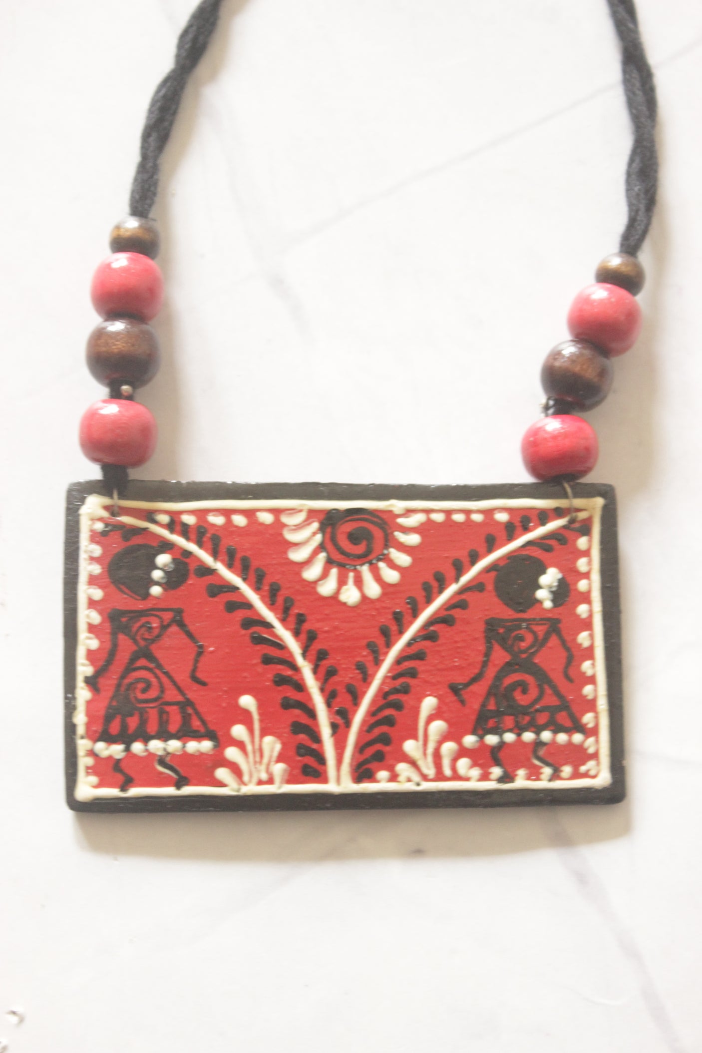Red Hand-Painted Warli Art Ceramic Necklace Set