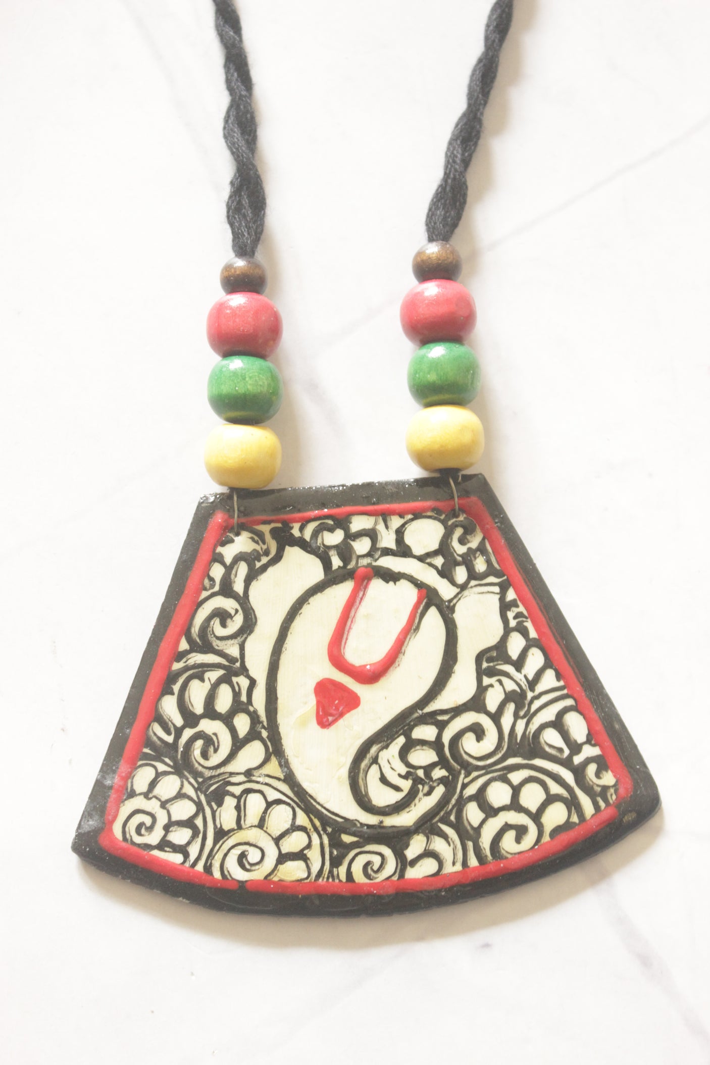 Cream & Black Hand-Painted Lord Ganesha Ceramic Necklace Set