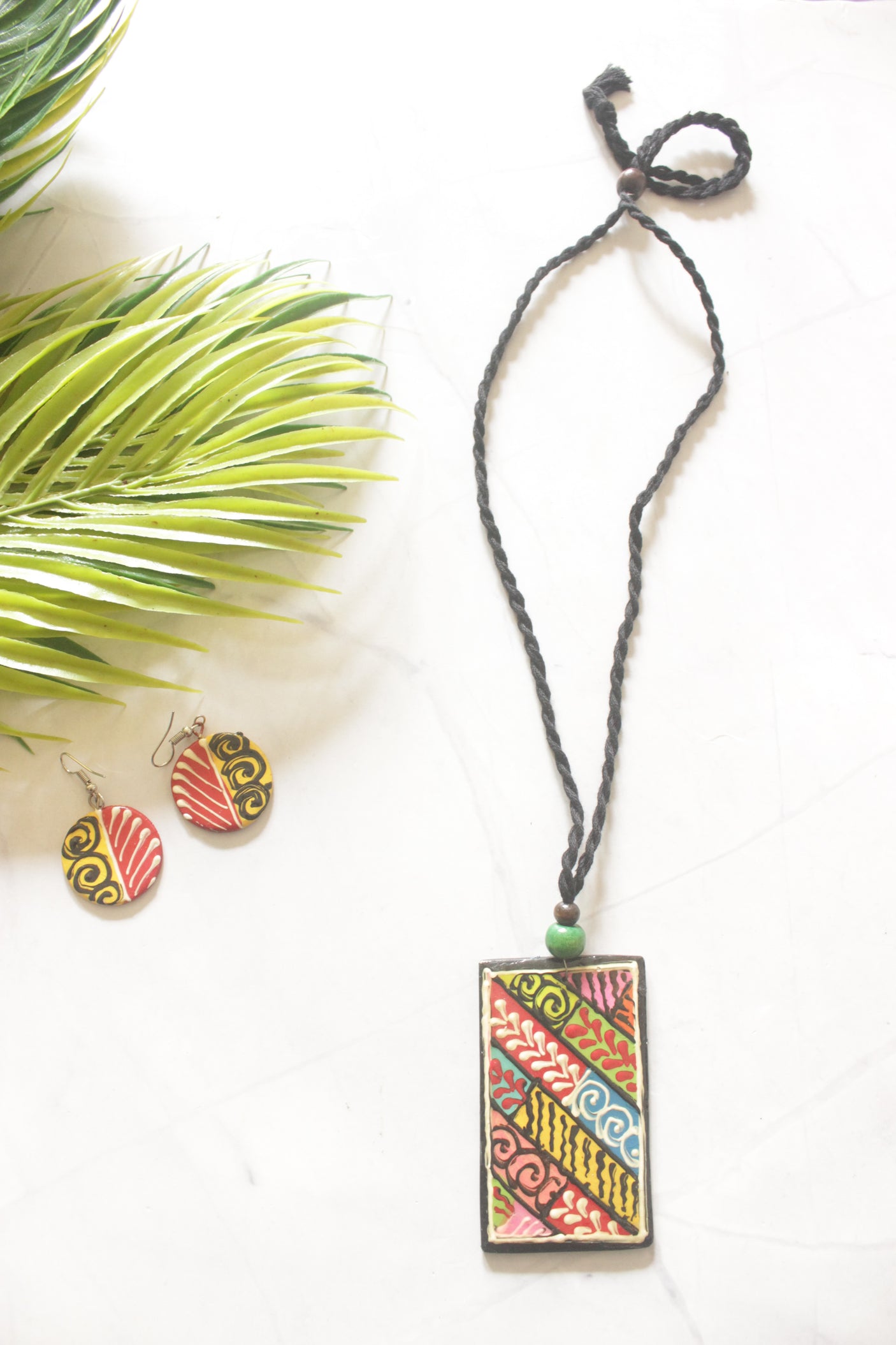 Vibrant Multicolour Folk Pattern Hand-Painted Ceramic Necklace Set