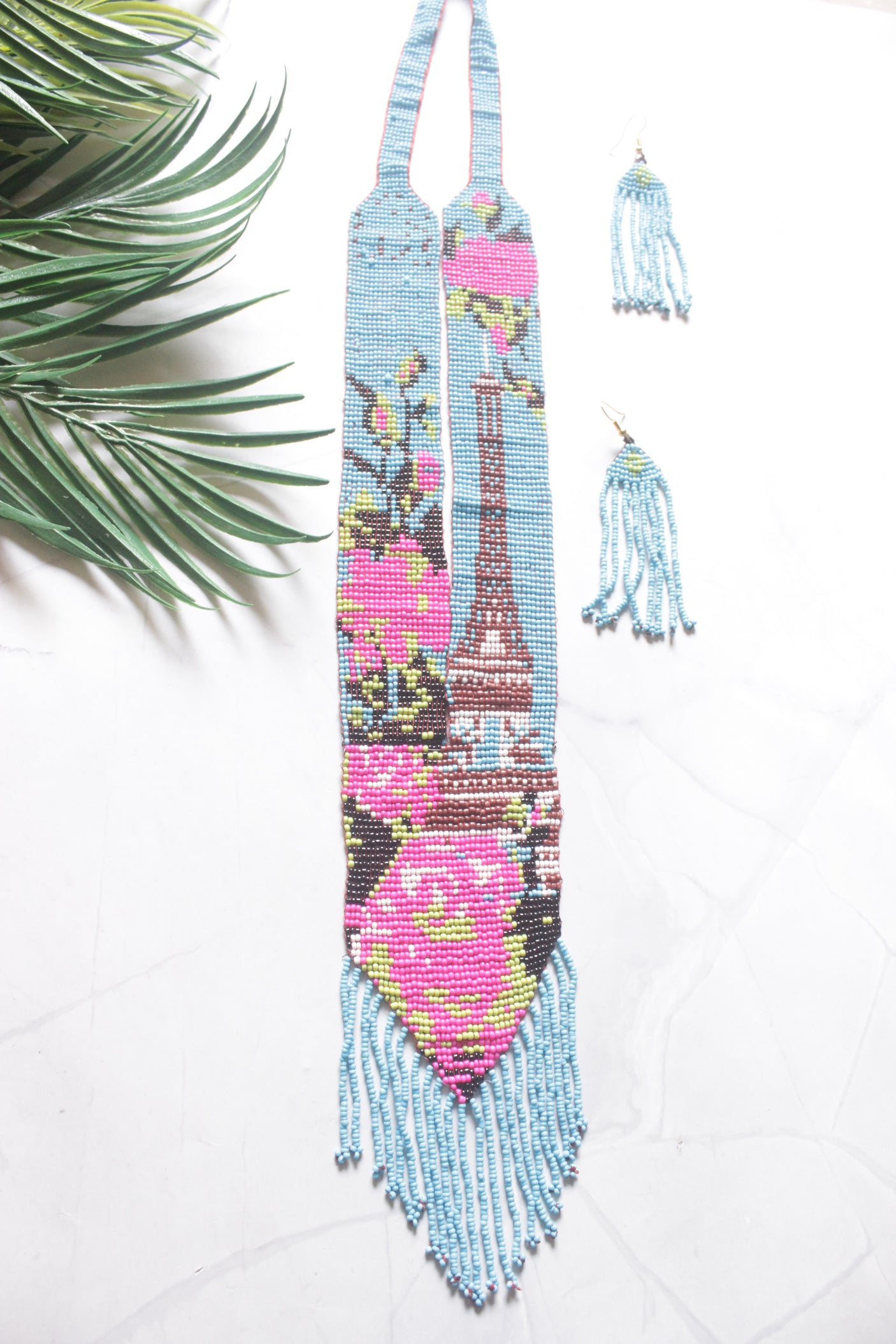 Blue and Pink Hand Beaded Long Necklace Set