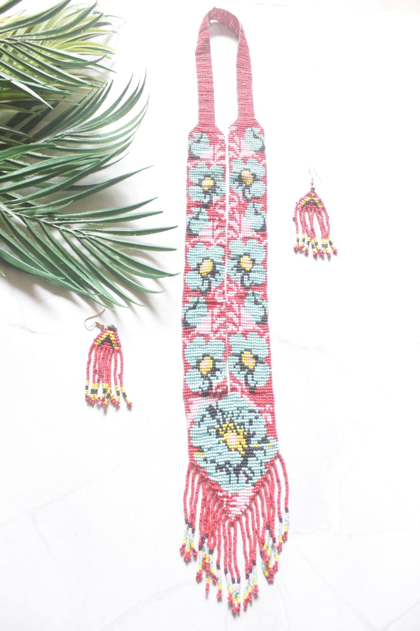 Red and Blue Hand Beaded Long Necklace Set