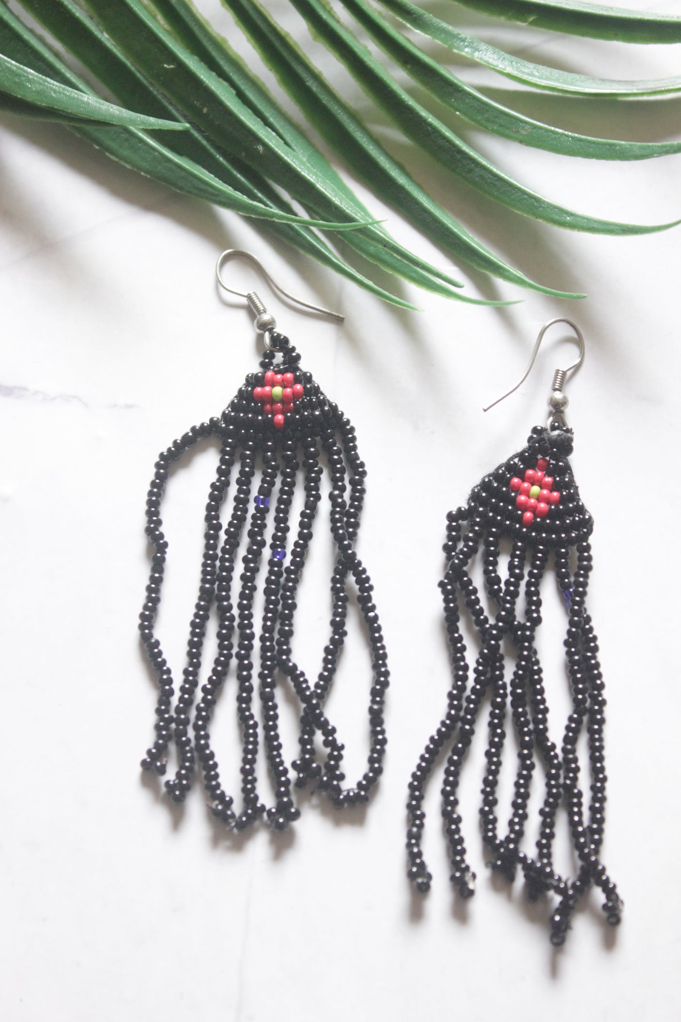 Black and Multi-Color Hand Beaded Long Necklace Set