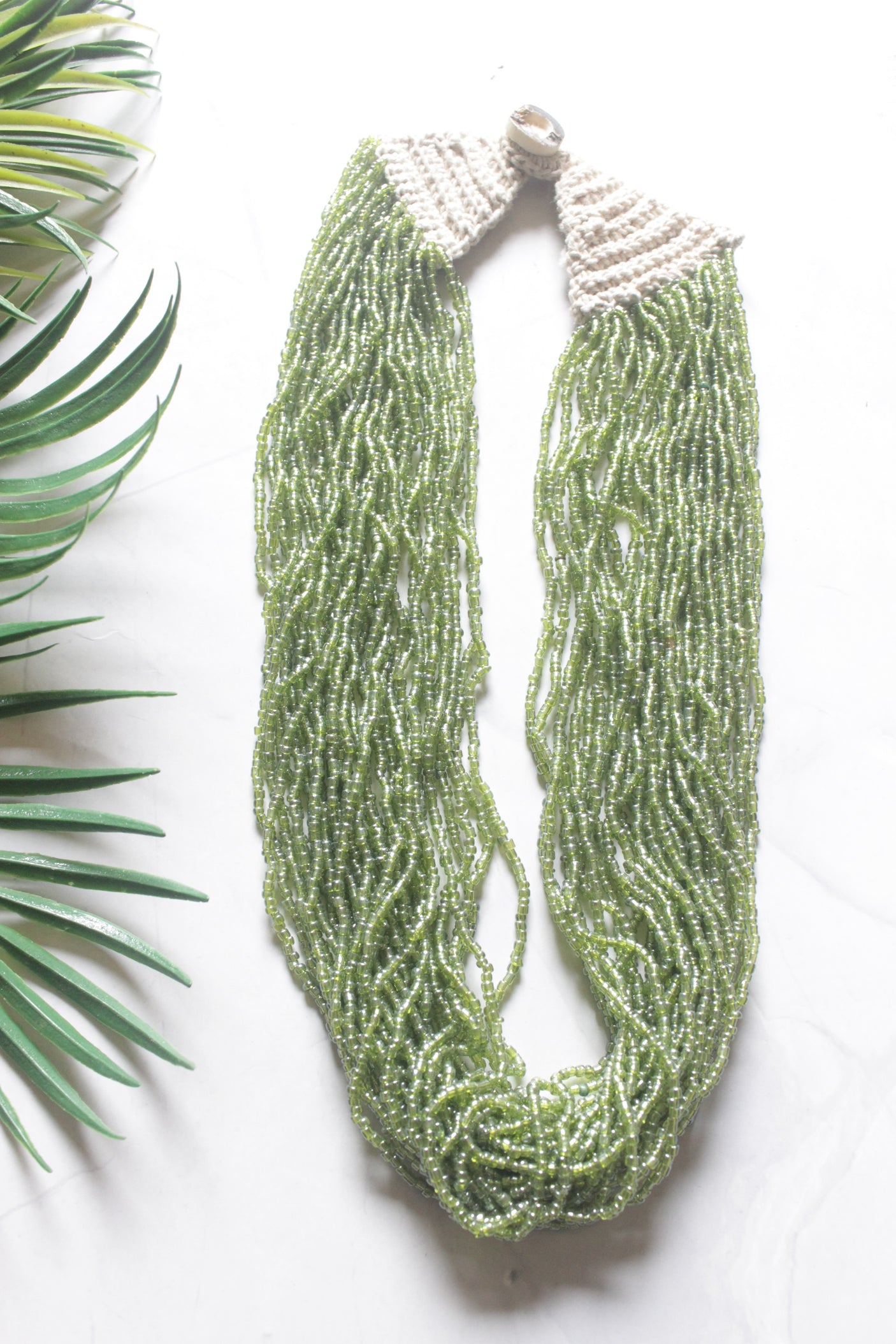Sage Green Lustrous Beads Hand Beaded Multi-Layer Necklace