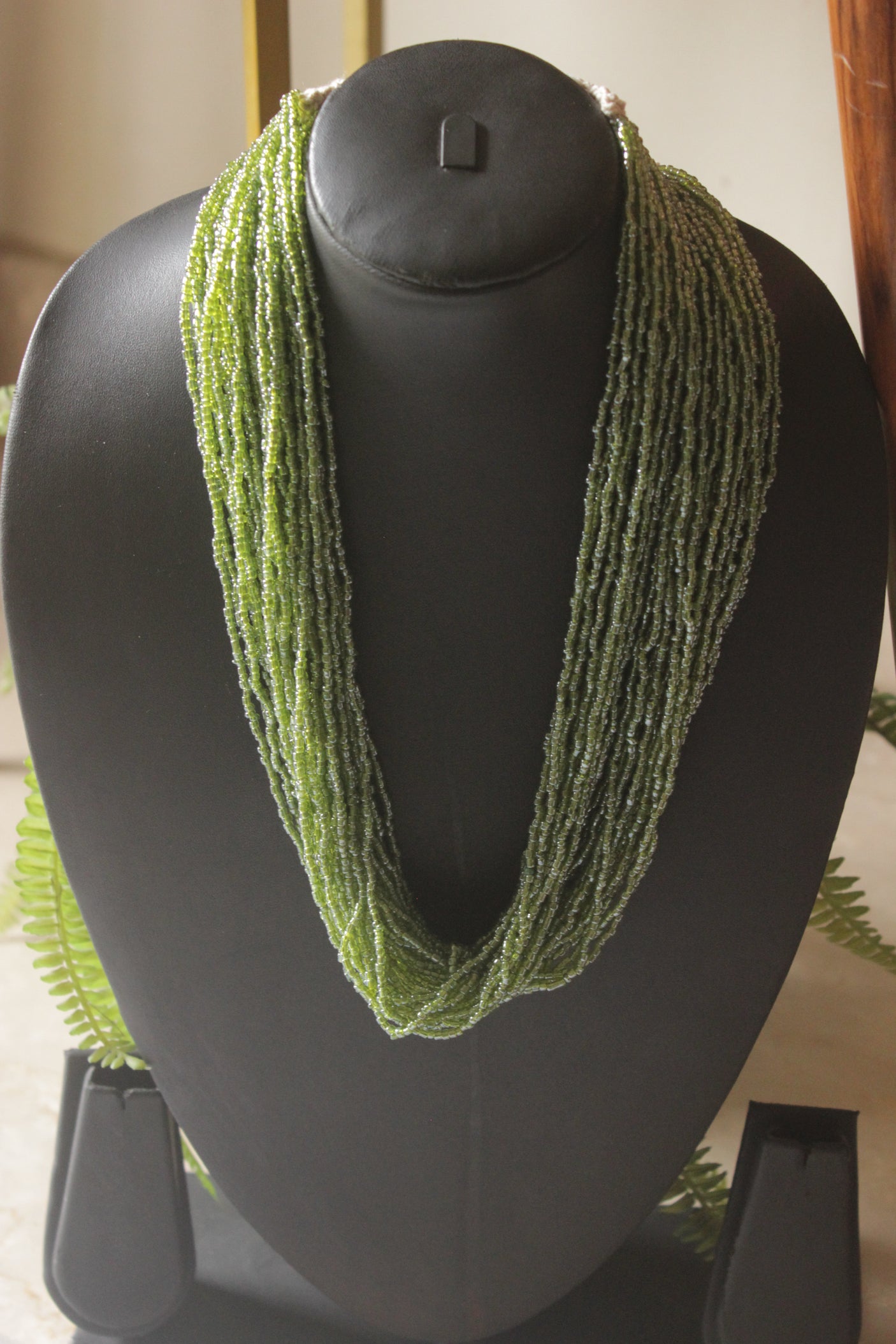 Sage Green Lustrous Beads Hand Beaded Multi-Layer Necklace