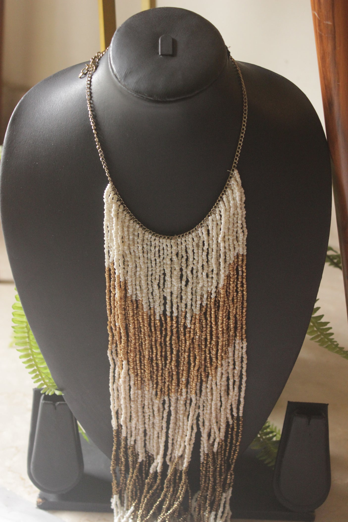 Bronze and Gold Seed Bead Long Fringe Waterfall Necklace