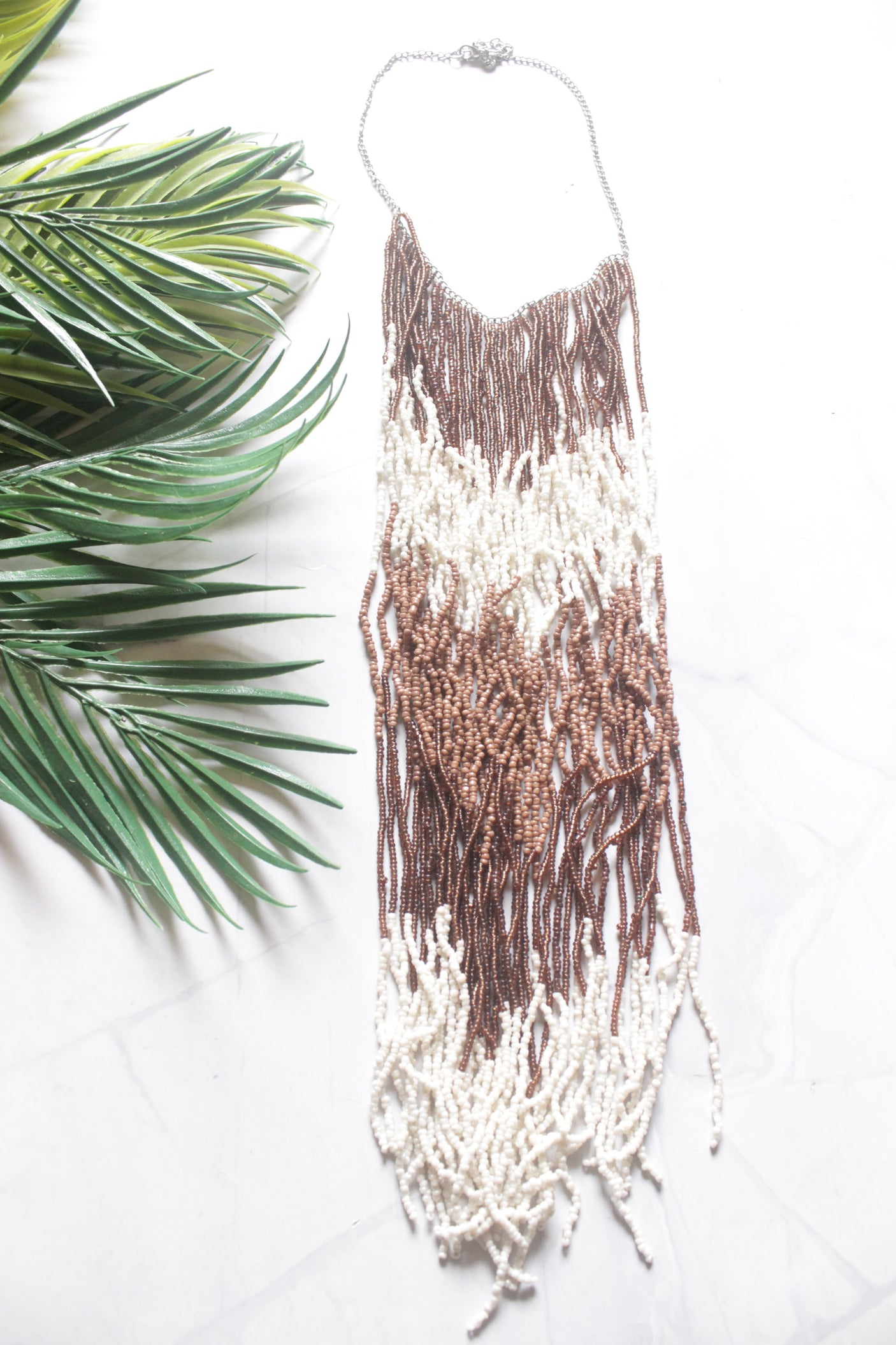 White and Bronze Seed Beads Long Fringe Waterfall Necklace
