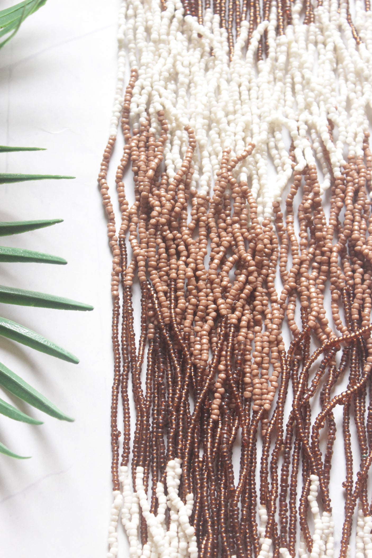 White and Bronze Seed Beads Long Fringe Waterfall Necklace